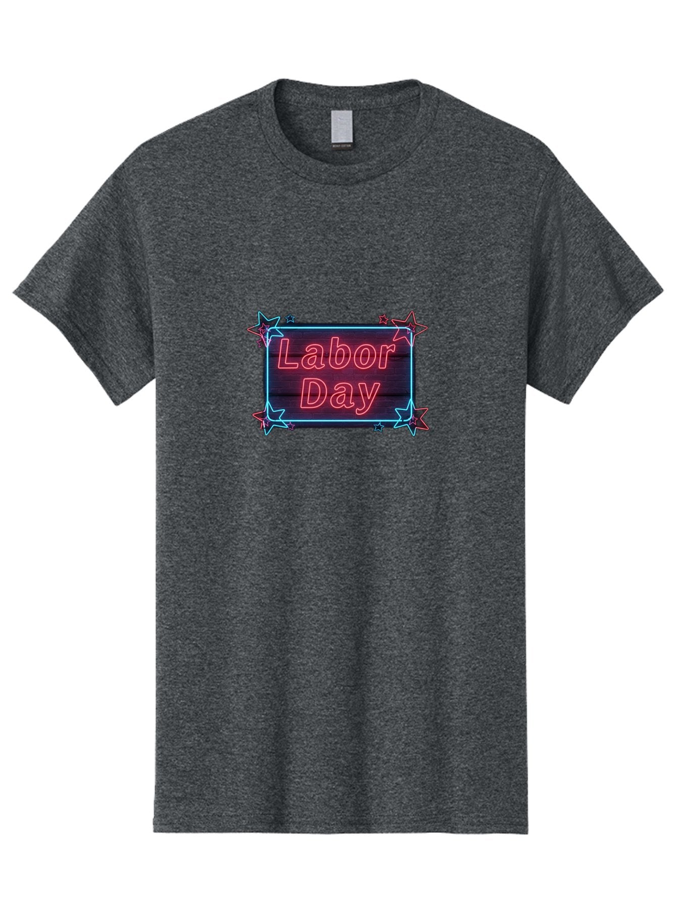Labor-Day-5 Men'S Graphic Tee, 100% Cotton, Comfortable Casual Summer Wear, Machine Washable, Labor Day Graphic, Neon Sign, Red Neon Lights, Star Decorations, Festive Design, Holiday Theme, Patriotic Celebration, Blue Outline Bad261 5