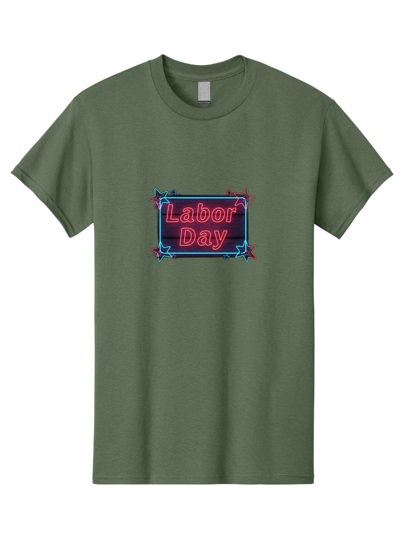 Labor-Day-5 Men'S Graphic Tee, 100% Cotton, Comfortable Casual Summer Wear, Machine Washable, Labor Day Graphic, Neon Sign, Red Neon Lights, Star Decorations, Festive Design, Holiday Theme, Patriotic Celebration, Blue Outline Bad261 10