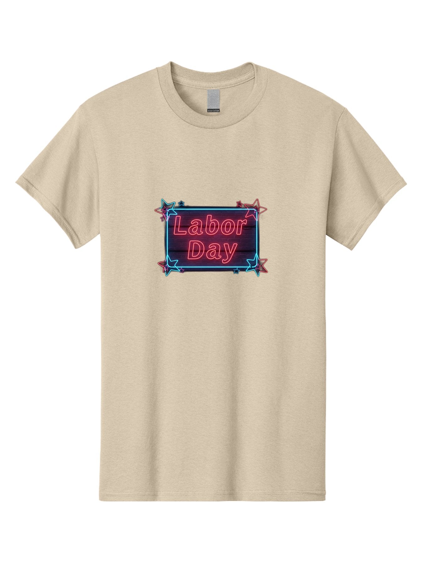 Labor-Day-5 Men'S Graphic Tee, 100% Cotton, Comfortable Casual Summer Wear, Machine Washable, Labor Day Graphic, Neon Sign, Red Neon Lights, Star Decorations, Festive Design, Holiday Theme, Patriotic Celebration, Blue Outline Bad261 15