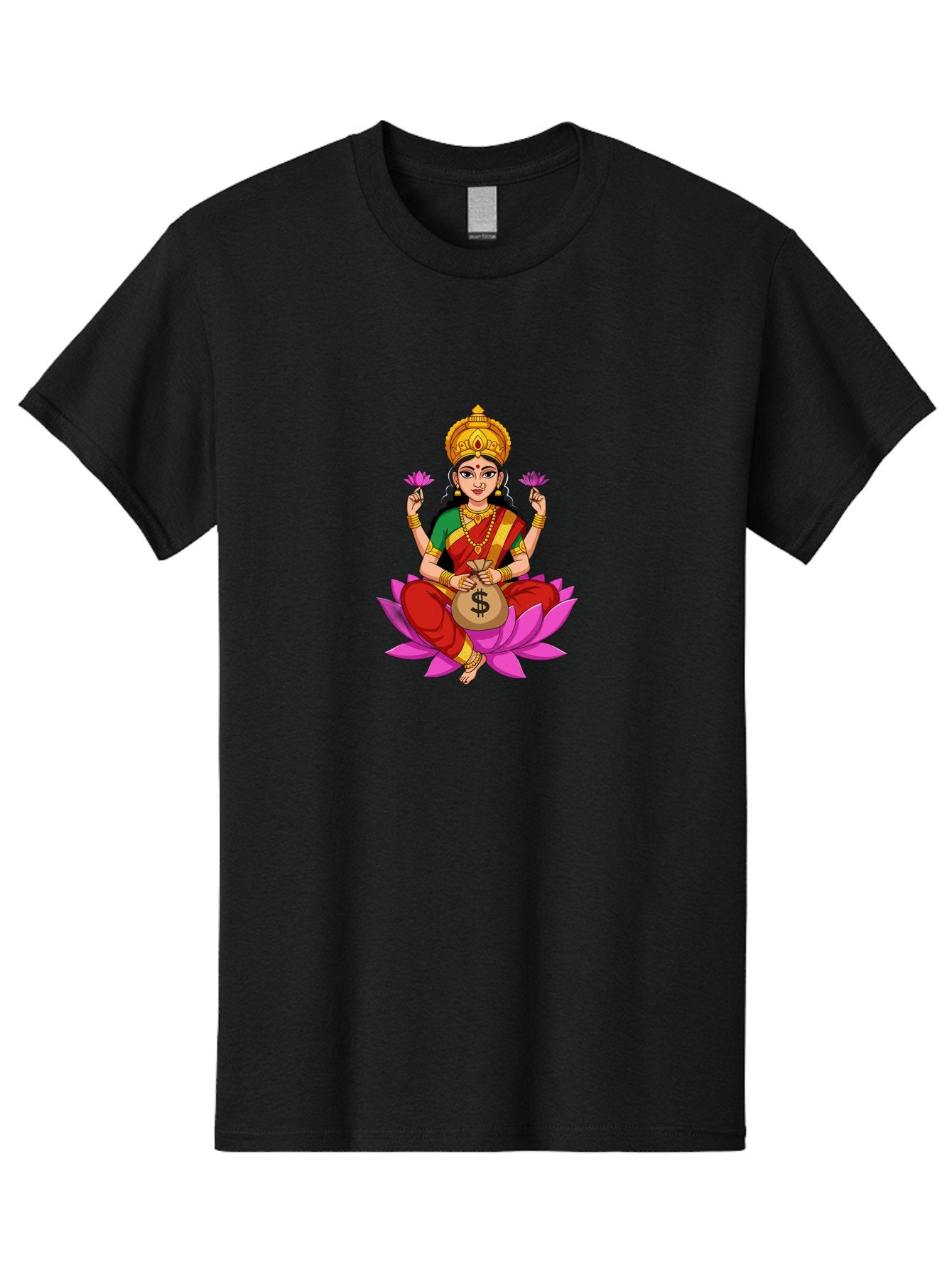 Lakshmi-3 Men'S Graphic Tee, 100% Cotton, Comfortable Casual Summer Wear, Machine Washable, Goddess Lakshmi, Lotus Flower, Prosperity, Wealth, Indian Mythology, Traditional Attire, Jewelry, $ Symbol, Spiritual Growth, Good Fortune, Bad267 5