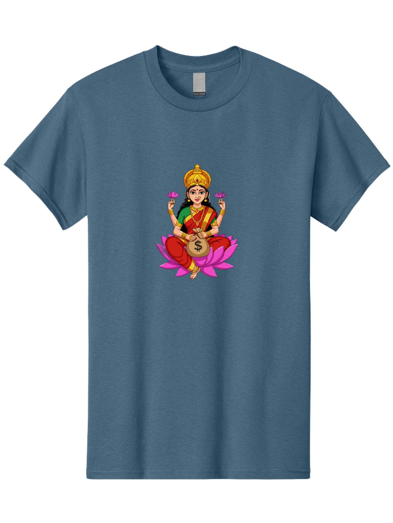 Lakshmi-3 Men'S Graphic Tee, 100% Cotton, Comfortable Casual Summer Wear, Machine Washable, Goddess Lakshmi, Lotus Flower, Prosperity, Wealth, Indian Mythology, Traditional Attire, Jewelry, $ Symbol, Spiritual Growth, Good Fortune, Bad267