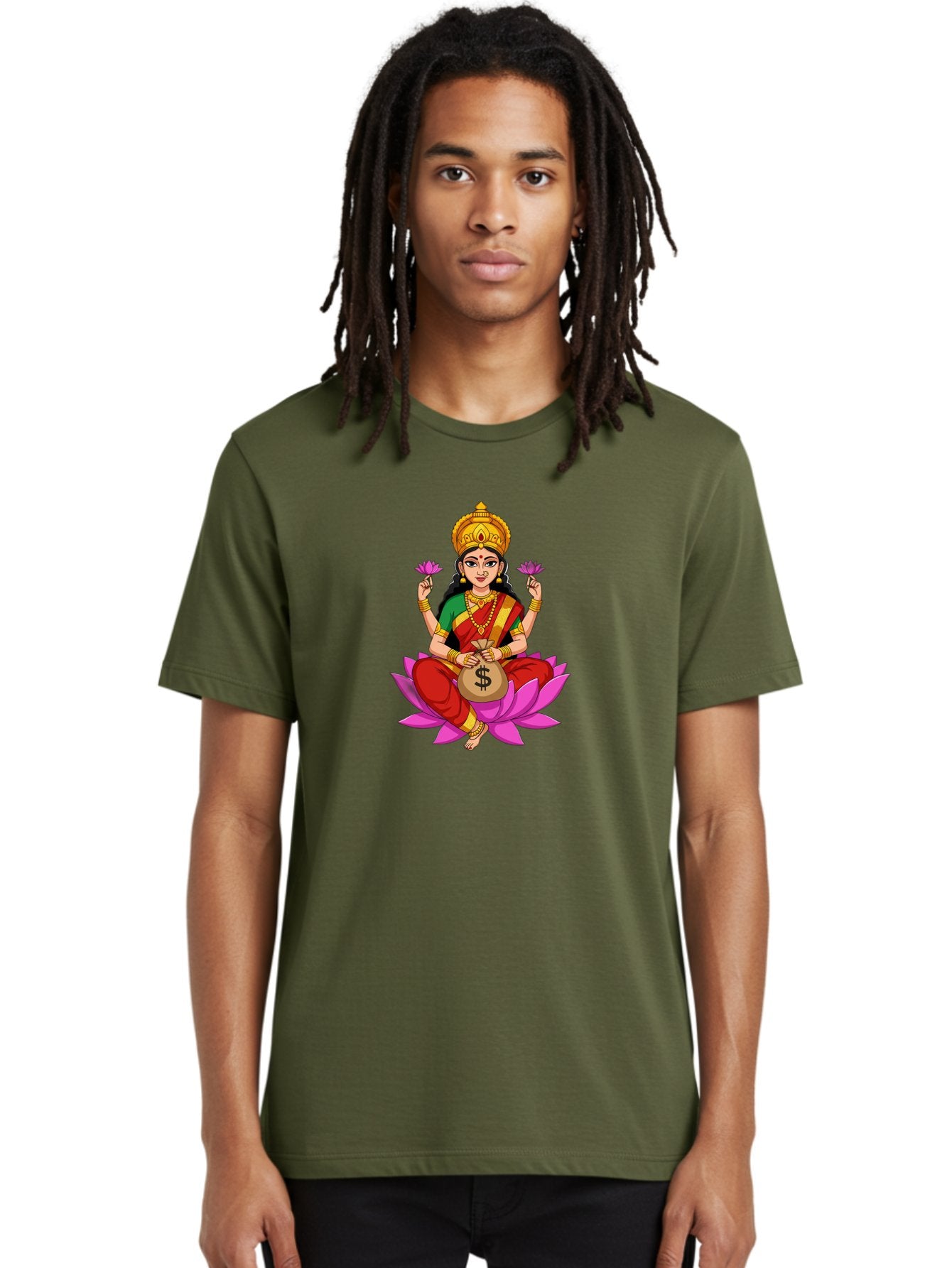 Lakshmi-3 Men'S Graphic Tee, 100% Cotton, Comfortable Casual Summer Wear, Machine Washable, Goddess Lakshmi, Lotus Flower, Prosperity, Wealth, Indian Mythology, Traditional Attire, Jewelry, $ Symbol, Spiritual Growth, Good Fortune, Bad267 20