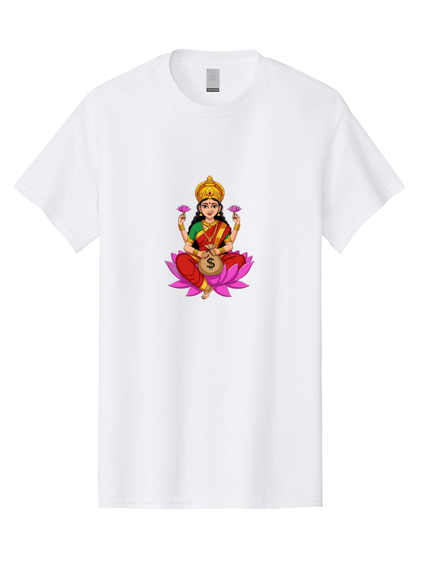 Lakshmi-3 Men'S Graphic Tee, 100% Cotton, Comfortable Casual Summer Wear, Machine Washable, Goddess Lakshmi, Lotus Flower, Prosperity, Wealth, Indian Mythology, Traditional Attire, Jewelry, $ Symbol, Spiritual Growth, Good Fortune, Bad267