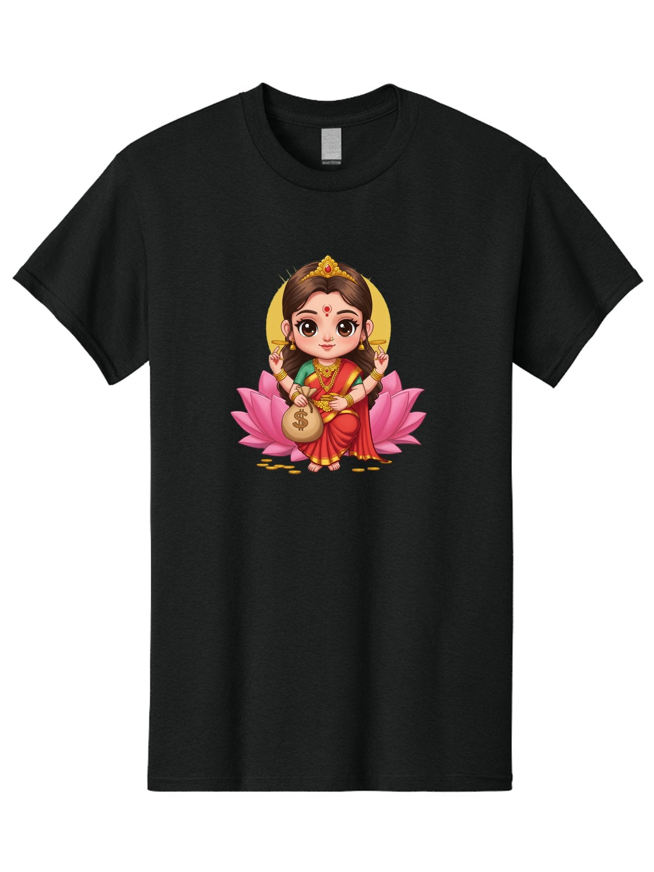 Lakshmi-4 Men'S Graphic Tee, 100% Cotton, Comfortable Casual Summer Wear, Machine Washable, Goddess Lakshmi, Hindu Deity, Prosperity Symbol, Lotus Flower, Golden Jewelry, Red Sari, Four-Armed Figure, Money Bag, Dollar Sign, Wealth And Fortune, Bad268 12