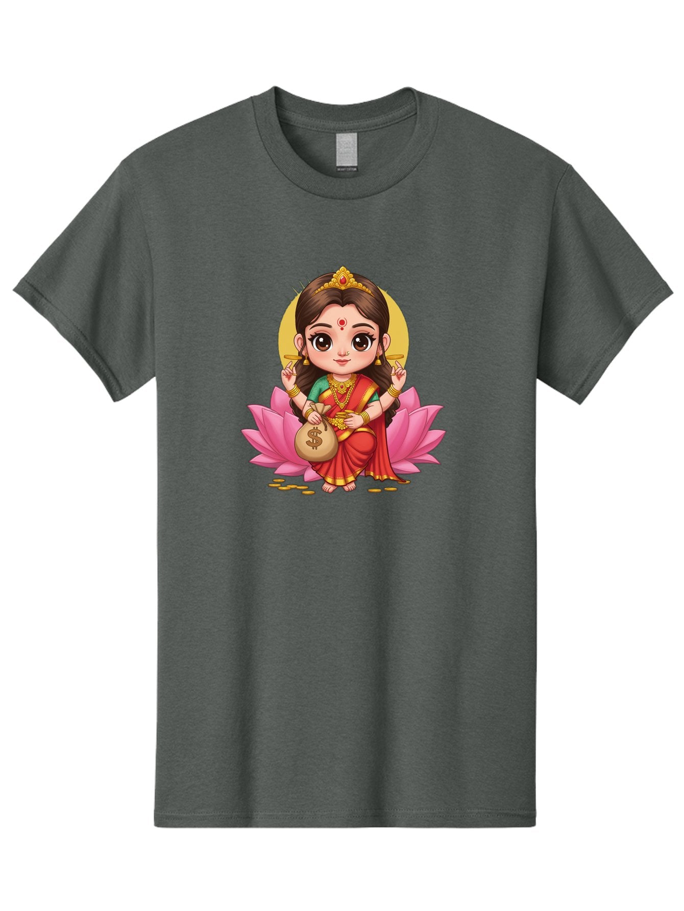 Lakshmi-4 Men'S Graphic Tee, 100% Cotton, Comfortable Casual Summer Wear, Machine Washable, Goddess Lakshmi, Hindu Deity, Prosperity Symbol, Lotus Flower, Golden Jewelry, Red Sari, Four-Armed Figure, Money Bag, Dollar Sign, Wealth And Fortune, Bad268 13