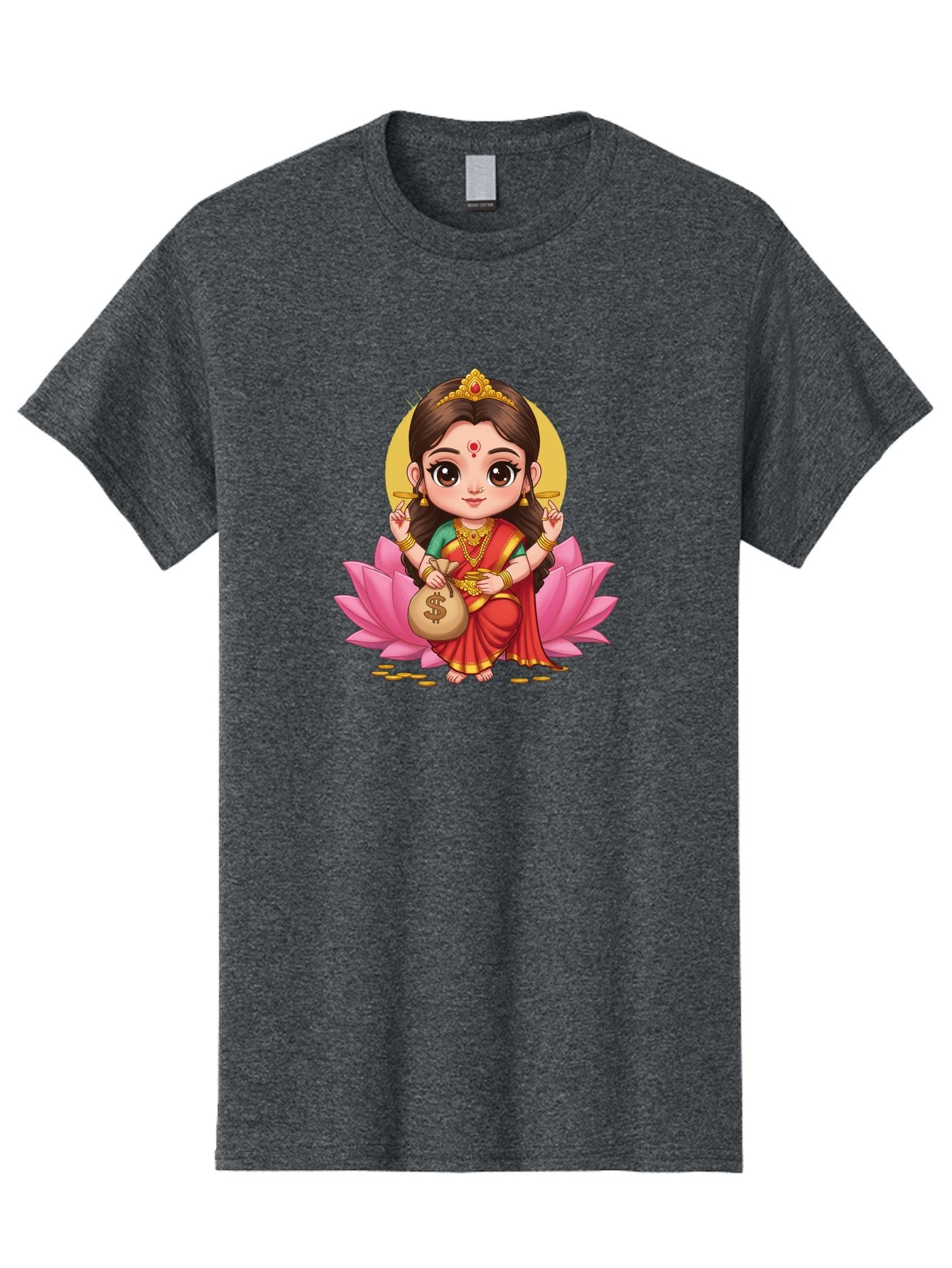 Lakshmi-4 Men'S Graphic Tee, 100% Cotton, Comfortable Casual Summer Wear, Machine Washable, Goddess Lakshmi, Hindu Deity, Prosperity Symbol, Lotus Flower, Golden Jewelry, Red Sari, Four-Armed Figure, Money Bag, Dollar Sign, Wealth And Fortune, Bad268 9
