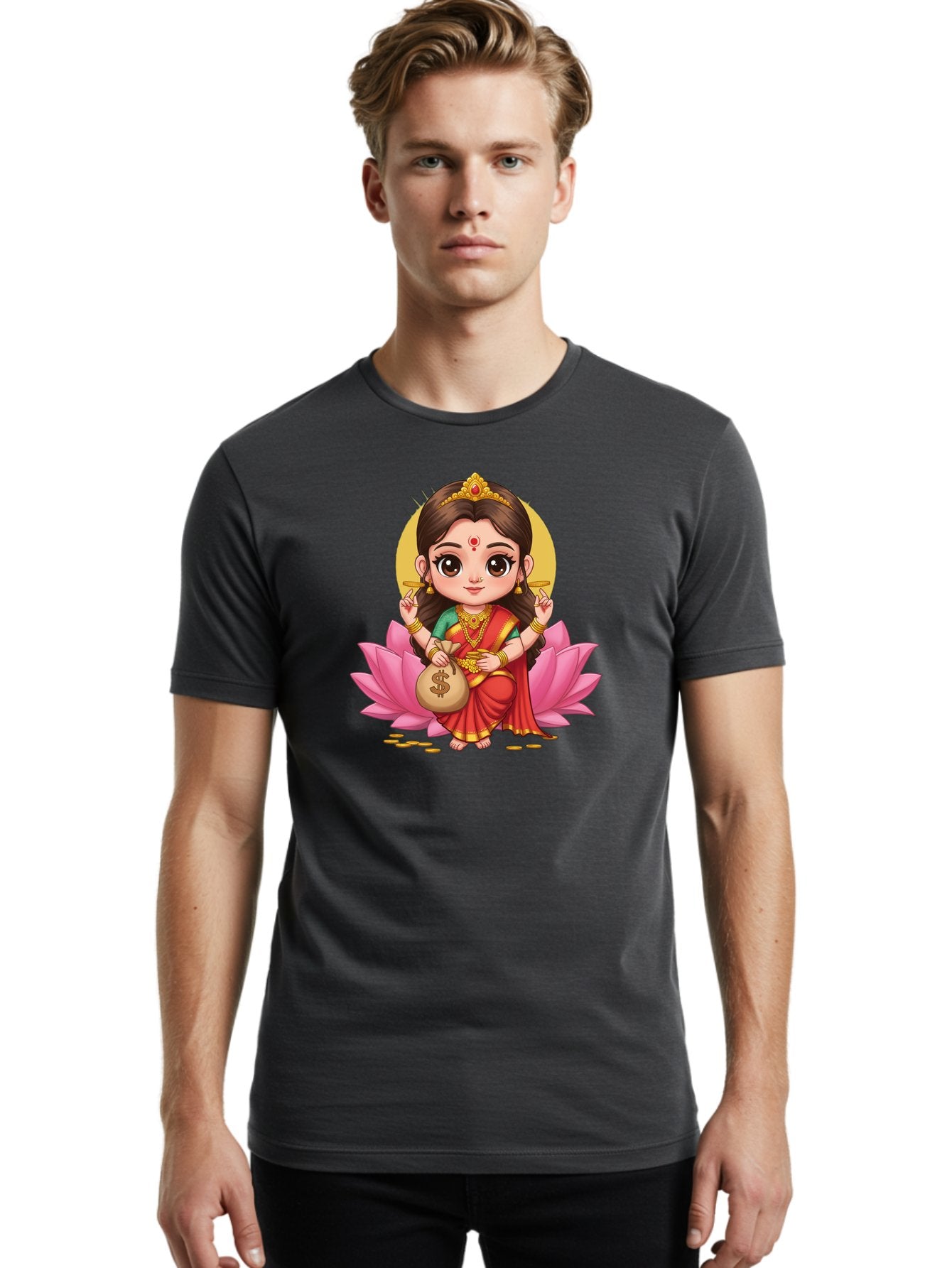Lakshmi-4 Men'S Graphic Tee, 100% Cotton, Comfortable Casual Summer Wear, Machine Washable, Goddess Lakshmi, Hindu Deity, Prosperity Symbol, Lotus Flower, Golden Jewelry, Red Sari, Four-Armed Figure, Money Bag, Dollar Sign, Wealth And Fortune, Bad268 26