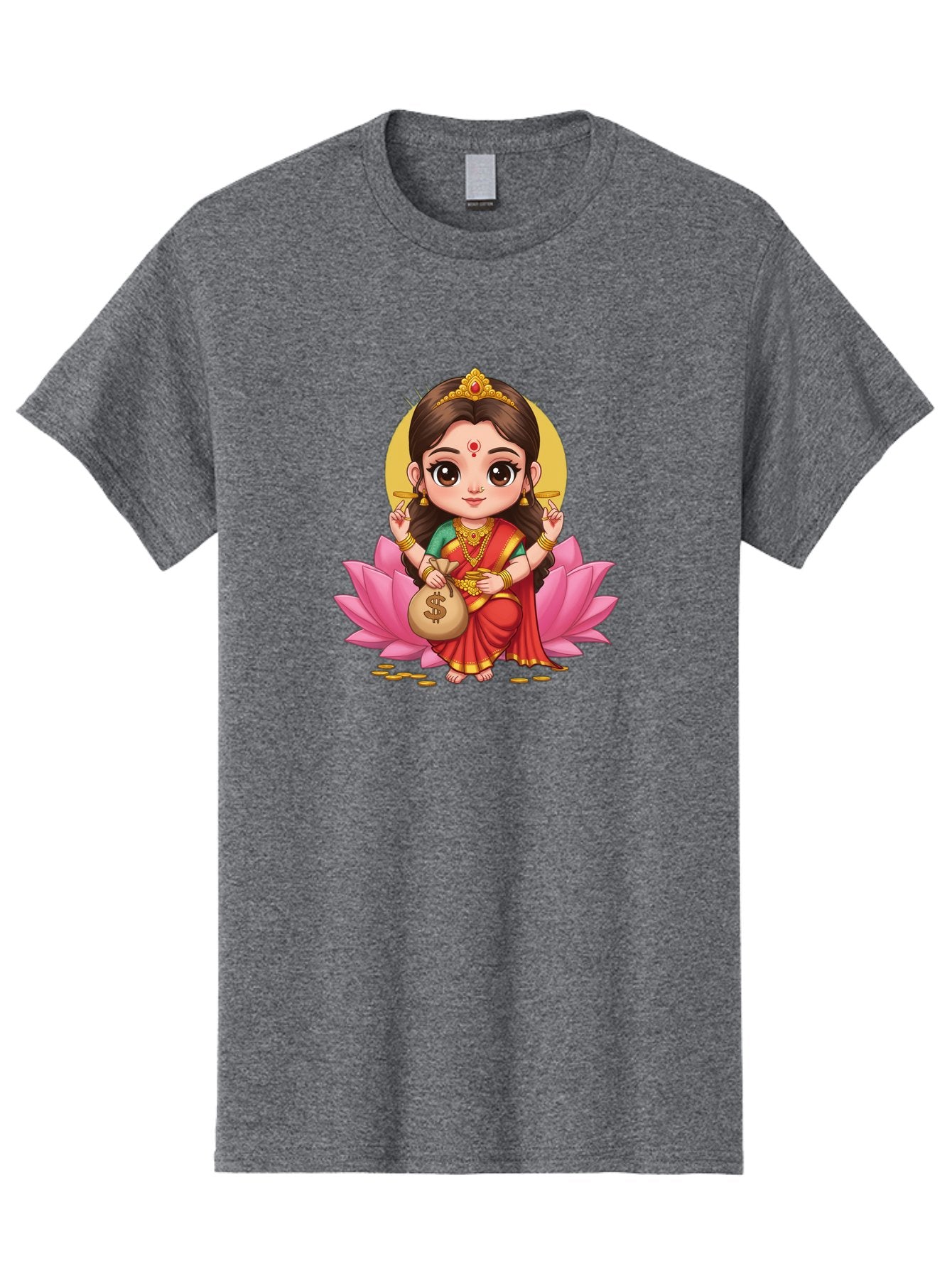 Lakshmi-4 Men'S Graphic Tee, 100% Cotton, Comfortable Casual Summer Wear, Machine Washable, Goddess Lakshmi, Hindu Deity, Prosperity Symbol, Lotus Flower, Golden Jewelry, Red Sari, Four-Armed Figure, Money Bag, Dollar Sign, Wealth And Fortune, Bad268 14