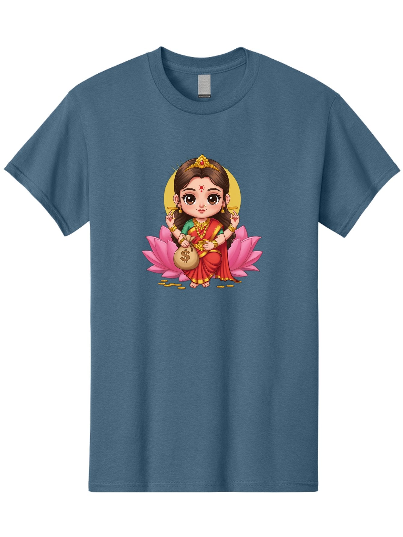Lakshmi-4 Men'S Graphic Tee, 100% Cotton, Comfortable Casual Summer Wear, Machine Washable, Goddess Lakshmi, Hindu Deity, Prosperity Symbol, Lotus Flower, Golden Jewelry, Red Sari, Four-Armed Figure, Money Bag, Dollar Sign, Wealth And Fortune, Bad268 7