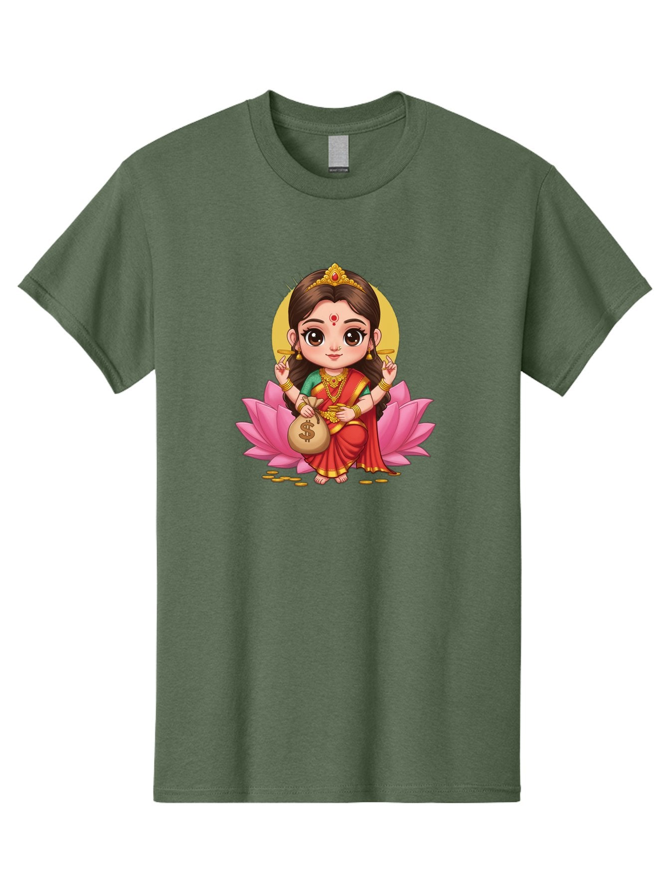 Lakshmi-4 Men'S Graphic Tee, 100% Cotton, Comfortable Casual Summer Wear, Machine Washable, Goddess Lakshmi, Hindu Deity, Prosperity Symbol, Lotus Flower, Golden Jewelry, Red Sari, Four-Armed Figure, Money Bag, Dollar Sign, Wealth And Fortune, Bad268 4