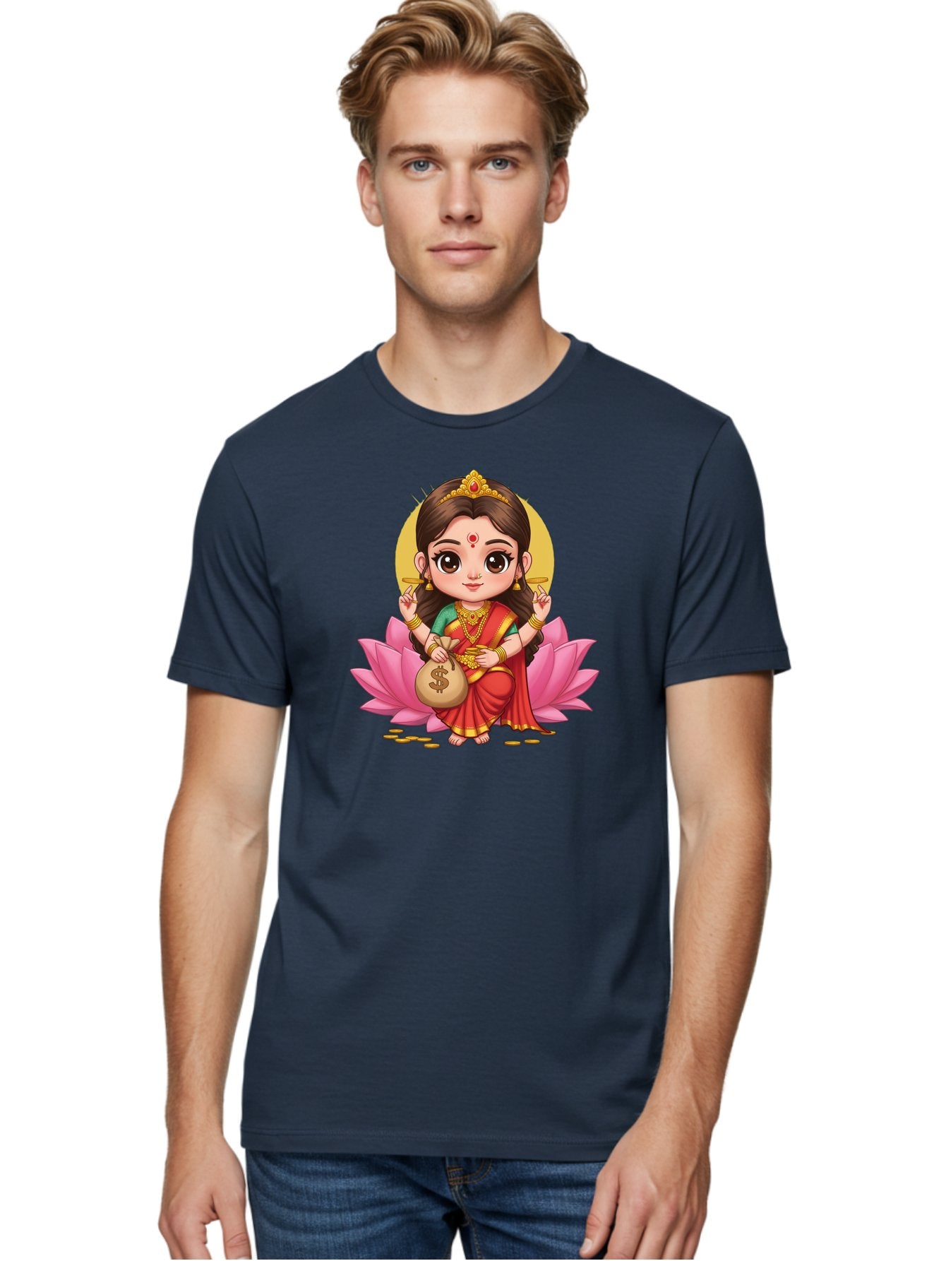 Lakshmi-4 Men'S Graphic Tee, 100% Cotton, Comfortable Casual Summer Wear, Machine Washable, Goddess Lakshmi, Hindu Deity, Prosperity Symbol, Lotus Flower, Golden Jewelry, Red Sari, Four-Armed Figure, Money Bag, Dollar Sign, Wealth And Fortune, Bad268 25