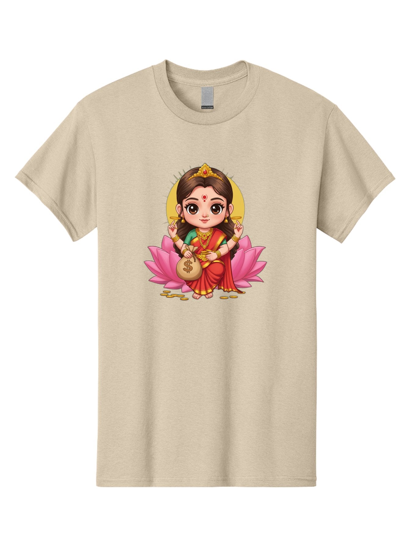 Lakshmi-4 Men'S Graphic Tee, 100% Cotton, Comfortable Casual Summer Wear, Machine Washable, Goddess Lakshmi, Hindu Deity, Prosperity Symbol, Lotus Flower, Golden Jewelry, Red Sari, Four-Armed Figure, Money Bag, Dollar Sign, Wealth And Fortune, Bad268 10