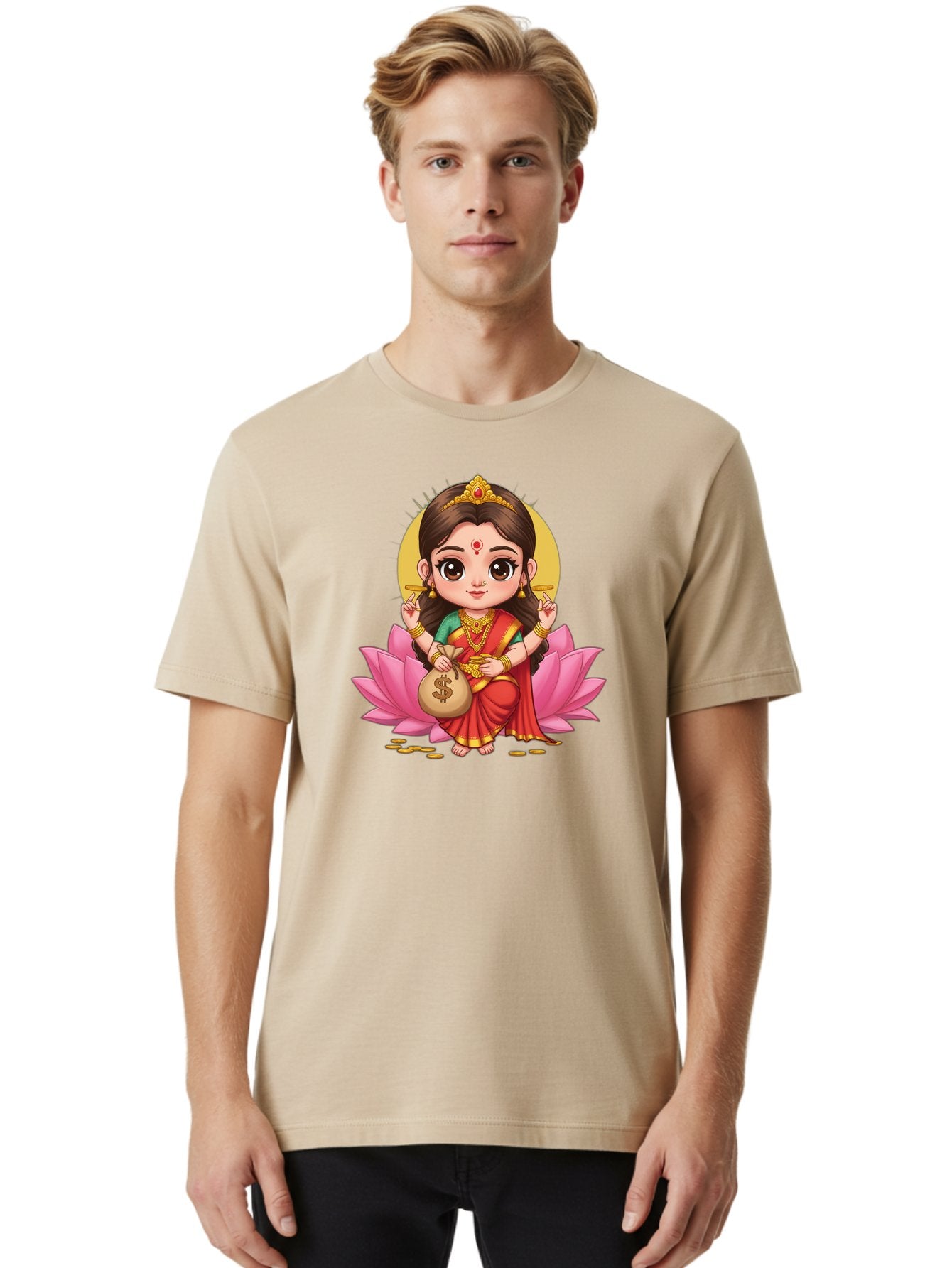 Lakshmi-4 Men'S Graphic Tee, 100% Cotton, Comfortable Casual Summer Wear, Machine Washable, Goddess Lakshmi, Hindu Deity, Prosperity Symbol, Lotus Flower, Golden Jewelry, Red Sari, Four-Armed Figure, Money Bag, Dollar Sign, Wealth And Fortune, Bad268 17