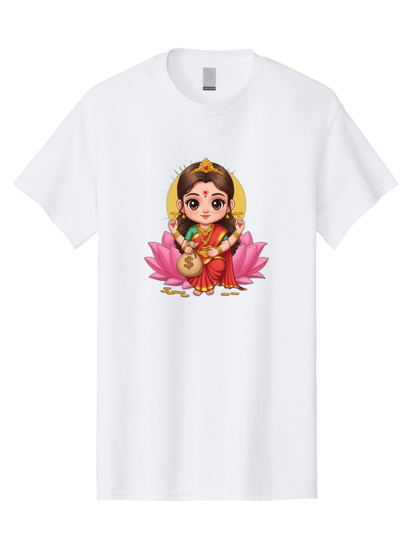 Lakshmi-4 Men'S Graphic Tee, 100% Cotton, Comfortable Casual Summer Wear, Machine Washable, Goddess Lakshmi, Hindu Deity, Prosperity Symbol, Lotus Flower, Golden Jewelry, Red Sari, Four-Armed Figure, Money Bag, Dollar Sign, Wealth And Fortune, Bad268 6