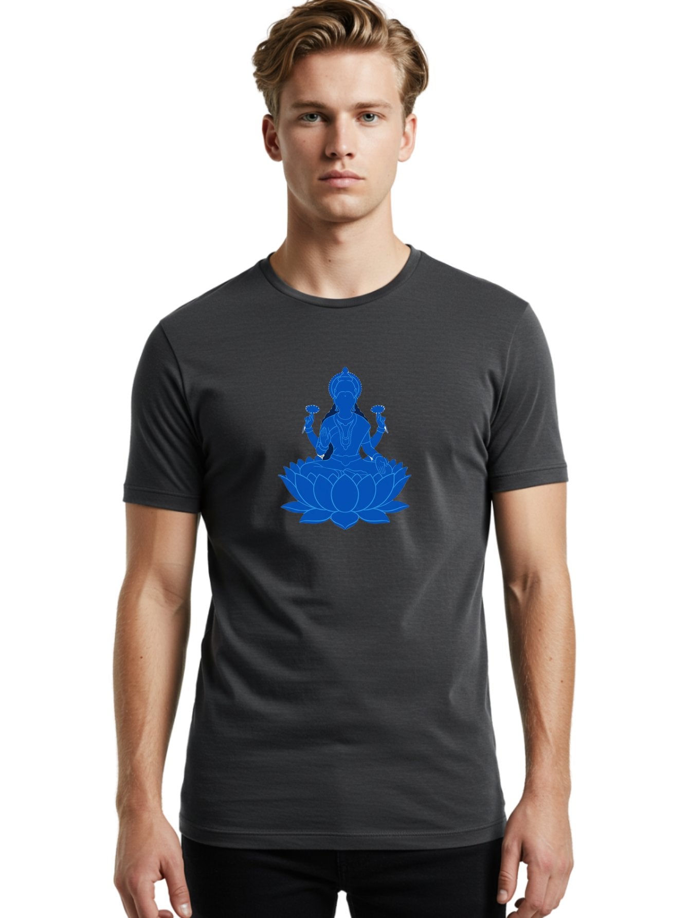 Lakshmi Men'S Graphic Tee, 100% Cotton, Comfortable Casual Summer Wear, Machine Washable, Goddess Lakshmi, Lotus Flower, Spiritual Symbolism, Hindu Mythology, Serene Pose, Symbolic Jewelry, Tranquil Atmosphere, Yoga, Meditation, Inner Peace, Bad270 20