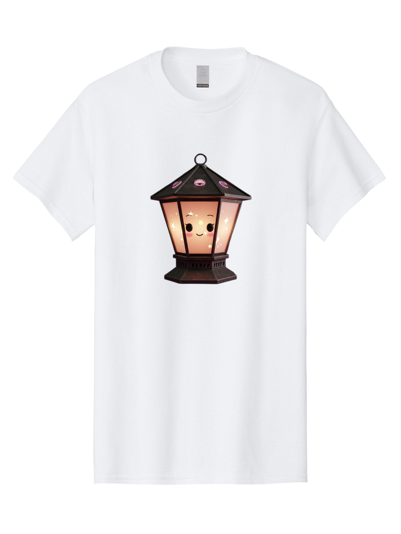 Lamp-Post-Kawaii-Face Men'S Graphic Tee, 100% Cotton, Comfortable Casual Summer Wear, Machine Washable, Cartoon Lantern, Smiling Face, Kawaii, Soft Lighting, Sparkles, Whimsical Design, Decorative Lantern, Pink Cheeks Bad271 9