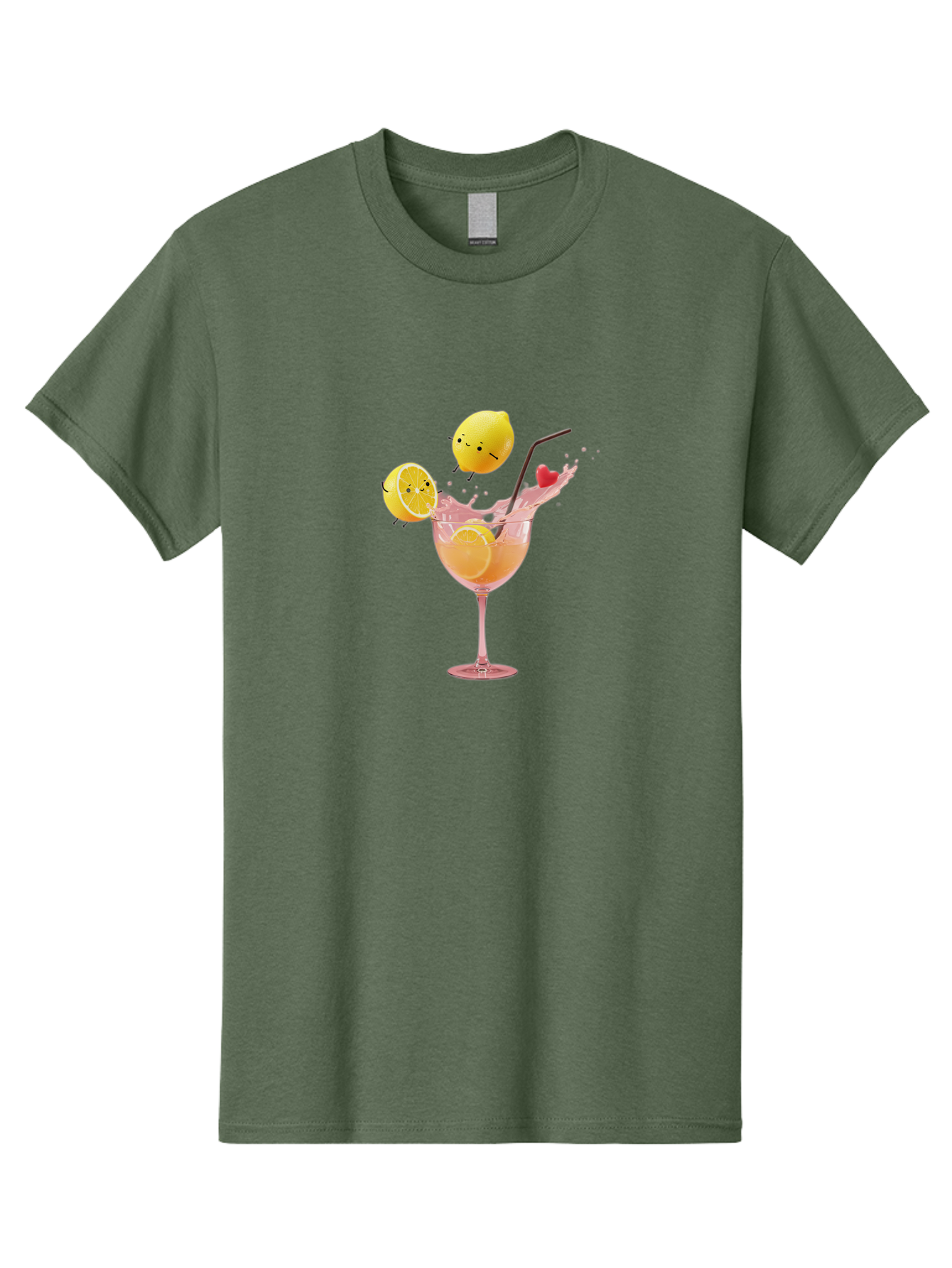 Lemon-Spritzer Men'S Graphic Tee, 100% Cotton, Comfortable Casual Summer Wear, Machine Washable, Refreshing Cocktail, Lemon Slices, Pink Drink, Straw, Splashing Liquid, Citrus Fruit, Funny Characters, Cartoon Lemons, Summer Drink, Bad277