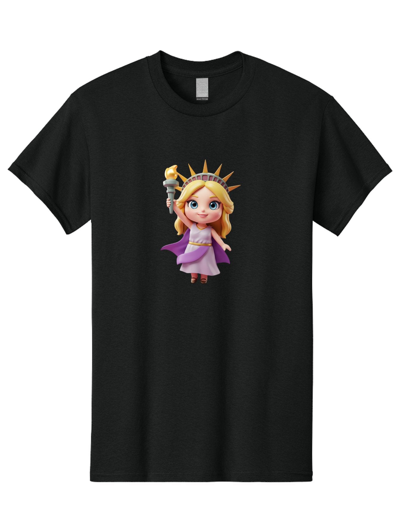 Liberty-Girl Men'S Graphic Tee, 100% Cotton, Comfortable Casual Summer Wear, Machine Washable, Cartoon Lady Liberty, Statue Of Liberty Figurine, Liberty Holding Torch, Purple Cape, White Dress, Golden Belt, Blonde Hair, Blue Eyes, Bad279 13
