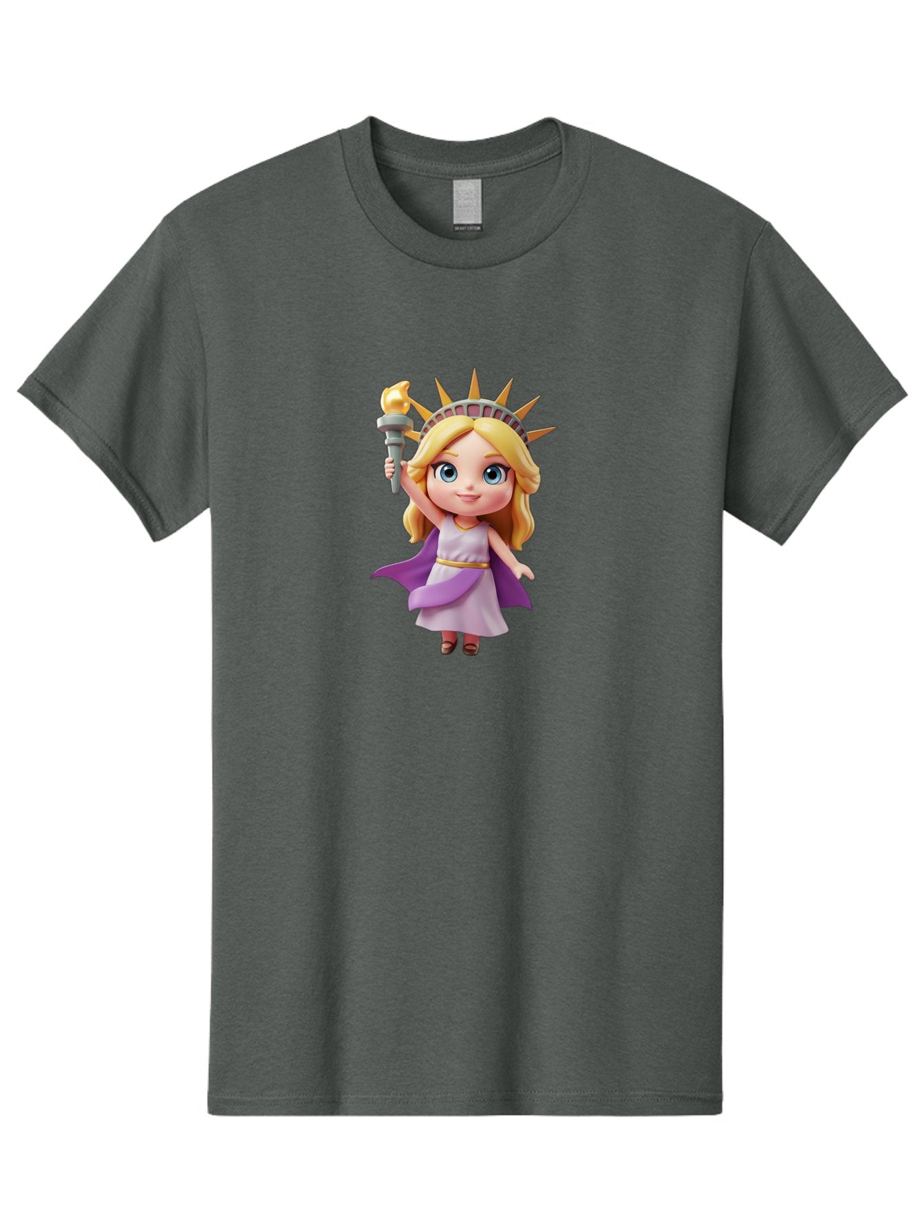Liberty-Girl Men'S Graphic Tee, 100% Cotton, Comfortable Casual Summer Wear, Machine Washable, Cartoon Lady Liberty, Statue Of Liberty Figurine, Liberty Holding Torch, Purple Cape, White Dress, Golden Belt, Blonde Hair, Blue Eyes, Bad279 5
