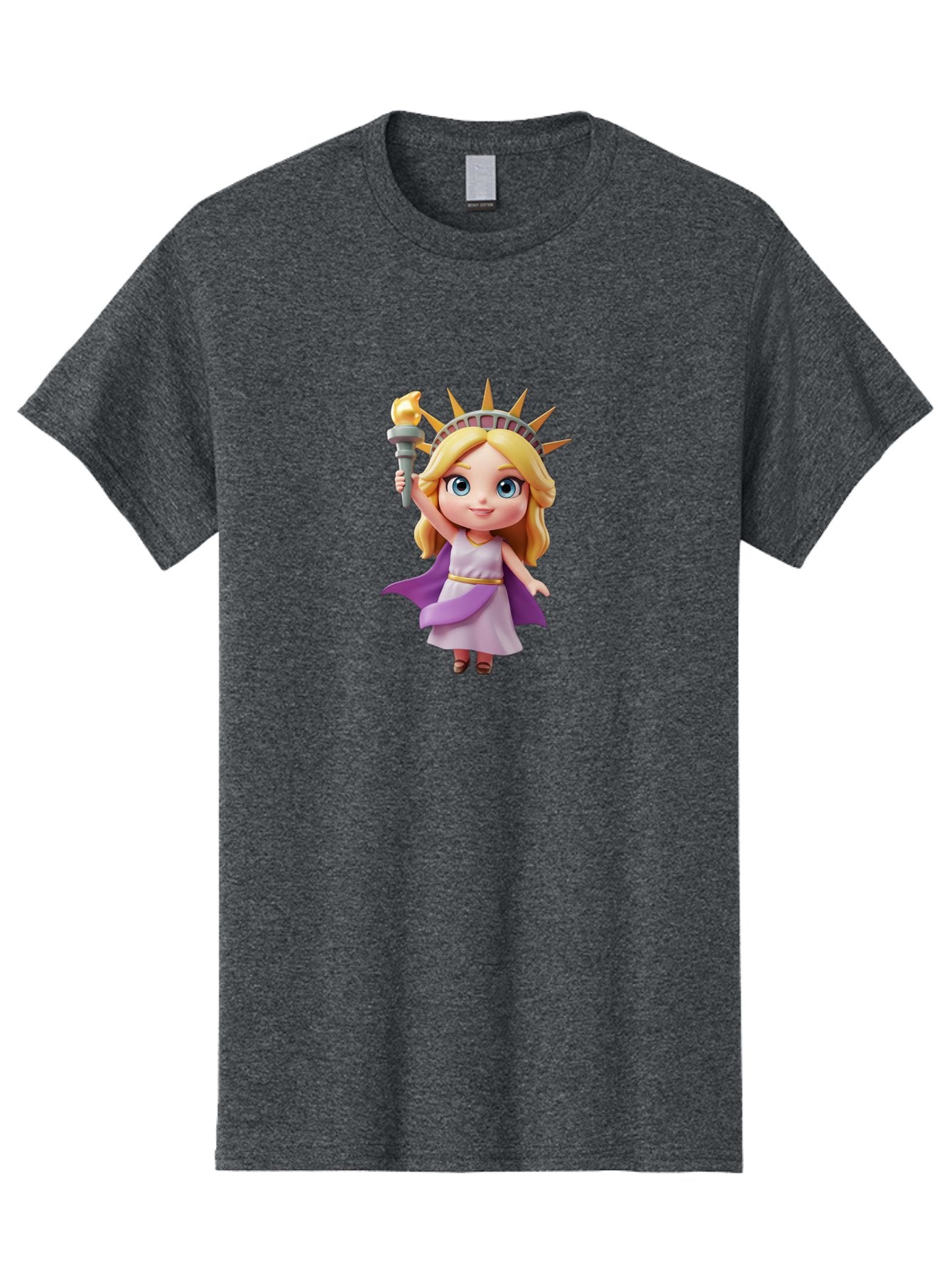Liberty-Girl Men'S Graphic Tee, 100% Cotton, Comfortable Casual Summer Wear, Machine Washable, Cartoon Lady Liberty, Statue Of Liberty Figurine, Liberty Holding Torch, Purple Cape, White Dress, Golden Belt, Blonde Hair, Blue Eyes, Bad279 11