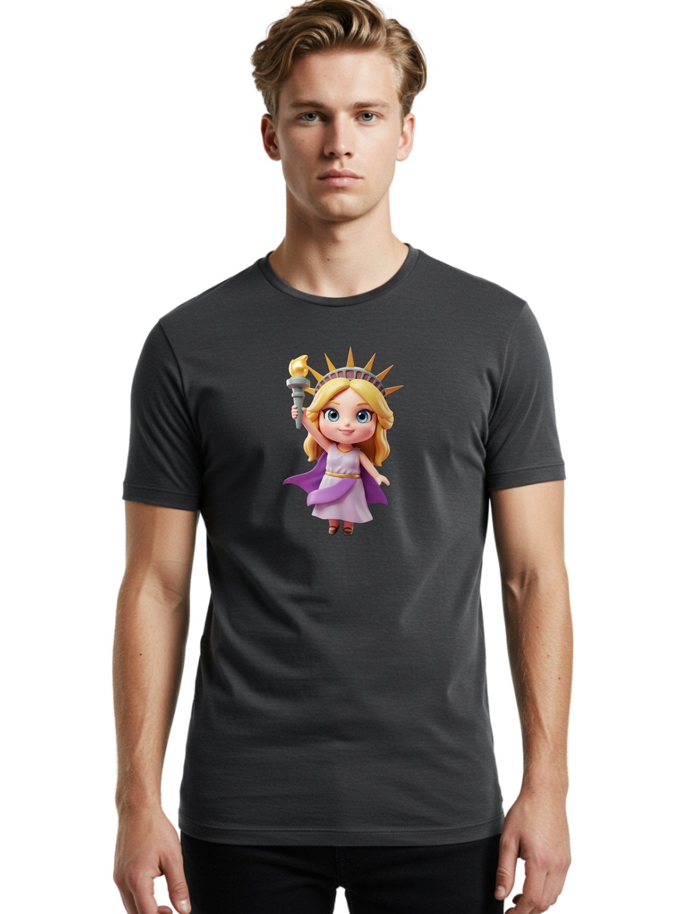 Liberty-Girl Men'S Graphic Tee, 100% Cotton, Comfortable Casual Summer Wear, Machine Washable, Cartoon Lady Liberty, Statue Of Liberty Figurine, Liberty Holding Torch, Purple Cape, White Dress, Golden Belt, Blonde Hair, Blue Eyes, Bad279 27