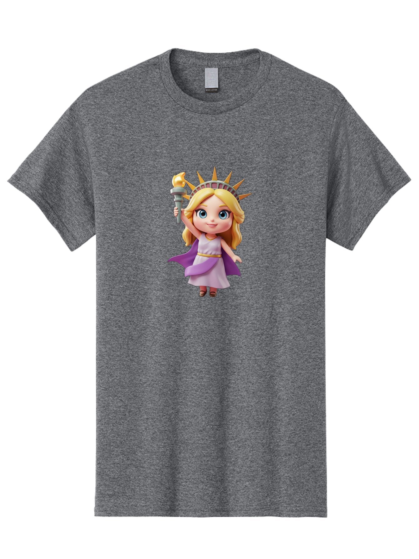 Liberty-Girl Men'S Graphic Tee, 100% Cotton, Comfortable Casual Summer Wear, Machine Washable, Cartoon Lady Liberty, Statue Of Liberty Figurine, Liberty Holding Torch, Purple Cape, White Dress, Golden Belt, Blonde Hair, Blue Eyes, Bad279 9