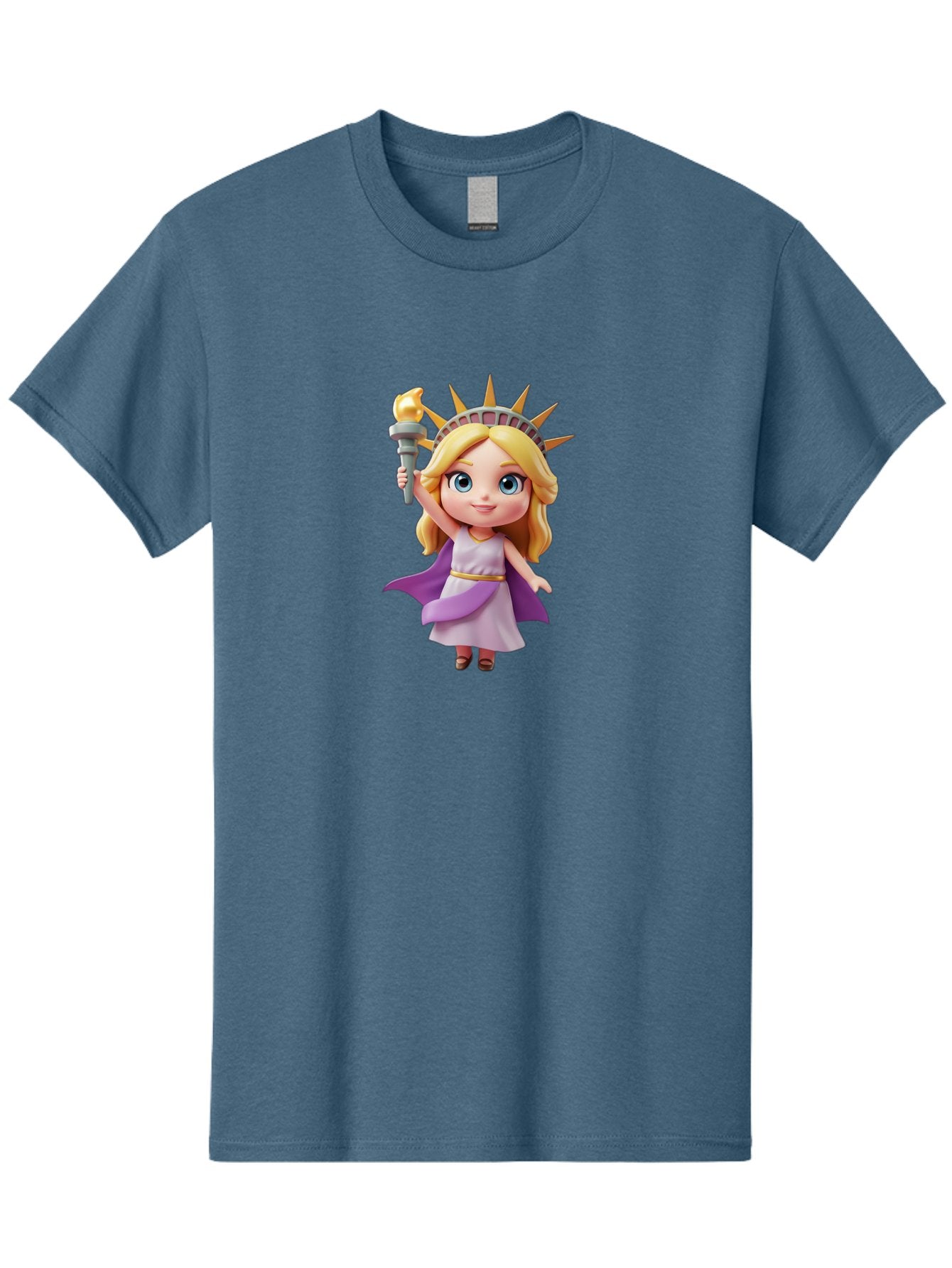 Liberty-Girl Men'S Graphic Tee, 100% Cotton, Comfortable Casual Summer Wear, Machine Washable, Cartoon Lady Liberty, Statue Of Liberty Figurine, Liberty Holding Torch, Purple Cape, White Dress, Golden Belt, Blonde Hair, Blue Eyes, Bad279 4