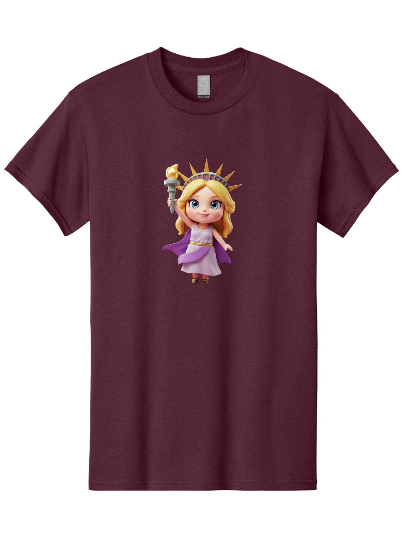 Liberty-Girl Men'S Graphic Tee, 100% Cotton, Comfortable Casual Summer Wear, Machine Washable, Cartoon Lady Liberty, Statue Of Liberty Figurine, Liberty Holding Torch, Purple Cape, White Dress, Golden Belt, Blonde Hair, Blue Eyes, Bad279 7