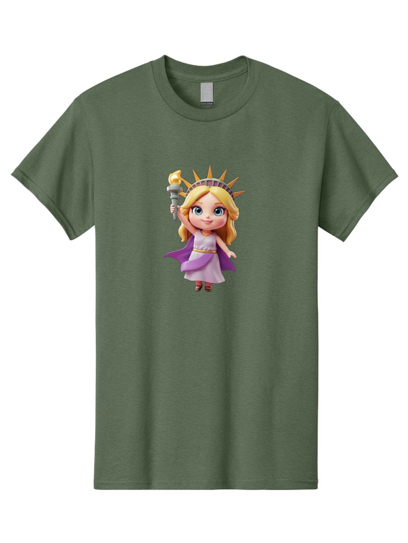 Liberty-Girl Men'S Graphic Tee, 100% Cotton, Comfortable Casual Summer Wear, Machine Washable, Cartoon Lady Liberty, Statue Of Liberty Figurine, Liberty Holding Torch, Purple Cape, White Dress, Golden Belt, Blonde Hair, Blue Eyes, Bad279 12