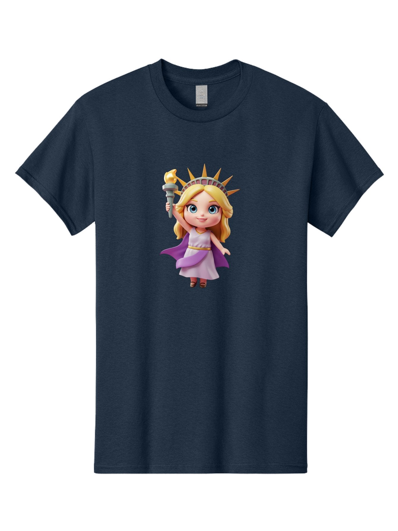 Liberty-Girl Men'S Graphic Tee, 100% Cotton, Comfortable Casual Summer Wear, Machine Washable, Cartoon Lady Liberty, Statue Of Liberty Figurine, Liberty Holding Torch, Purple Cape, White Dress, Golden Belt, Blonde Hair, Blue Eyes, Bad279