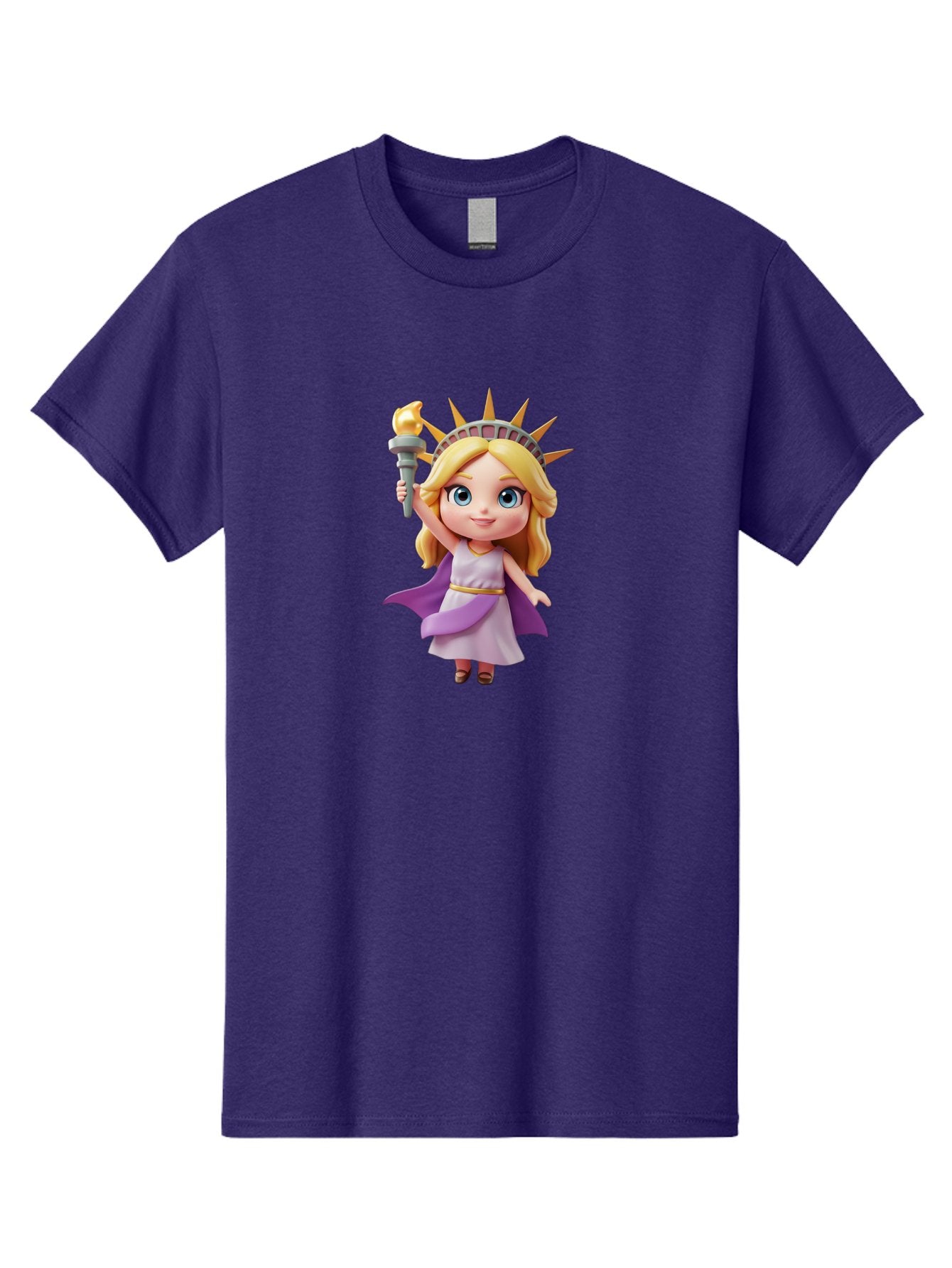 Liberty-Girl Men'S Graphic Tee, 100% Cotton, Comfortable Casual Summer Wear, Machine Washable, Cartoon Lady Liberty, Statue Of Liberty Figurine, Liberty Holding Torch, Purple Cape, White Dress, Golden Belt, Blonde Hair, Blue Eyes, Bad279