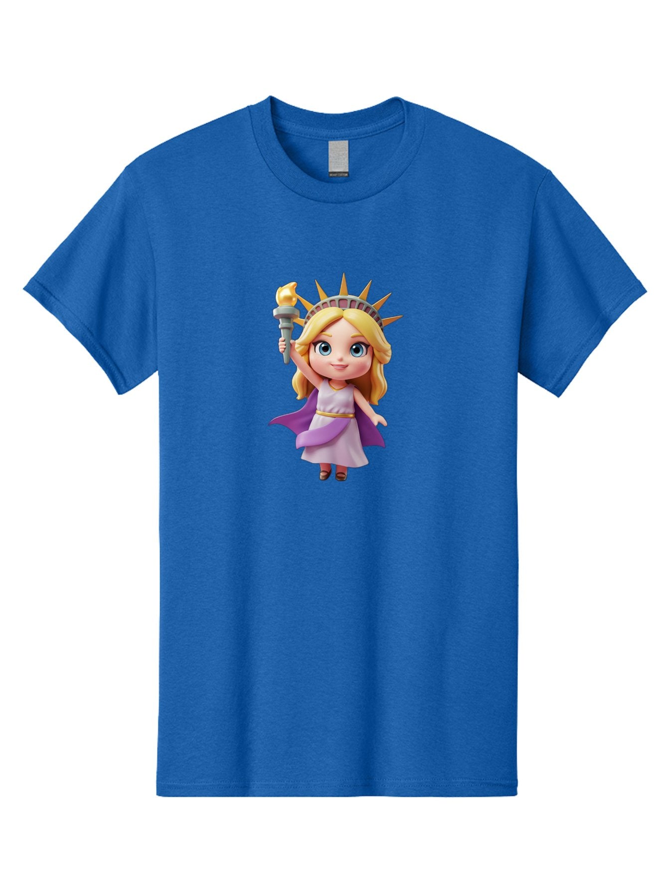 Liberty-Girl Men'S Graphic Tee, 100% Cotton, Comfortable Casual Summer Wear, Machine Washable, Cartoon Lady Liberty, Statue Of Liberty Figurine, Liberty Holding Torch, Purple Cape, White Dress, Golden Belt, Blonde Hair, Blue Eyes, Bad279 10