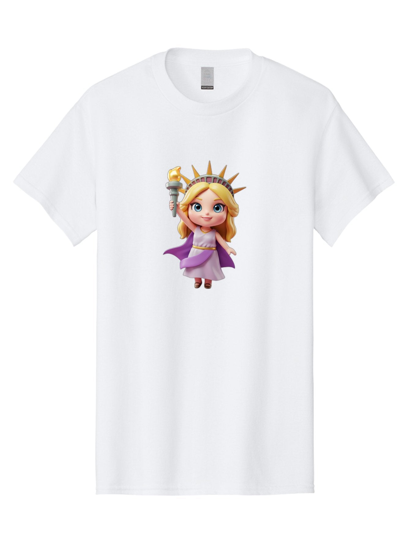 Liberty-Girl Men'S Graphic Tee, 100% Cotton, Comfortable Casual Summer Wear, Machine Washable, Cartoon Lady Liberty, Statue Of Liberty Figurine, Liberty Holding Torch, Purple Cape, White Dress, Golden Belt, Blonde Hair, Blue Eyes, Bad279 3