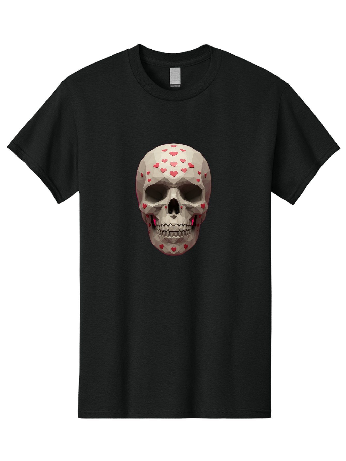 Low-Poly-Skull-With-Hearts Men'S Graphic Tee, 100% Cotton, Comfortable Casual Summer Wear, Machine Washable, Low Poly Skull, 3D Art, Heart Pattern, Red Hearts, Polygonal Design, Skull Art, Modern Art, Graphic Design, Digital Art Bad284 13