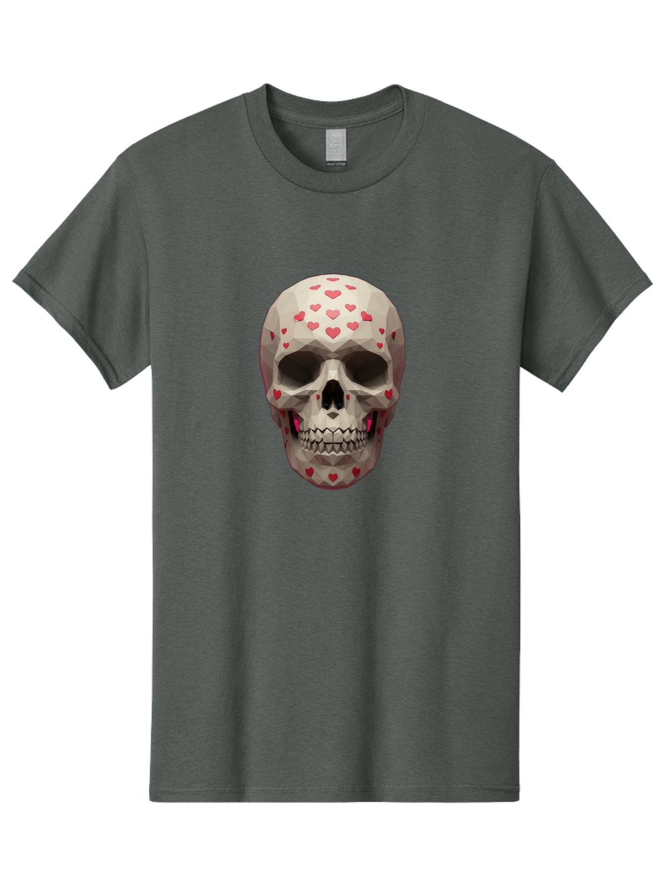 Low-Poly-Skull-With-Hearts Men'S Graphic Tee, 100% Cotton, Comfortable Casual Summer Wear, Machine Washable, Low Poly Skull, 3D Art, Heart Pattern, Red Hearts, Polygonal Design, Skull Art, Modern Art, Graphic Design, Digital Art Bad284 11