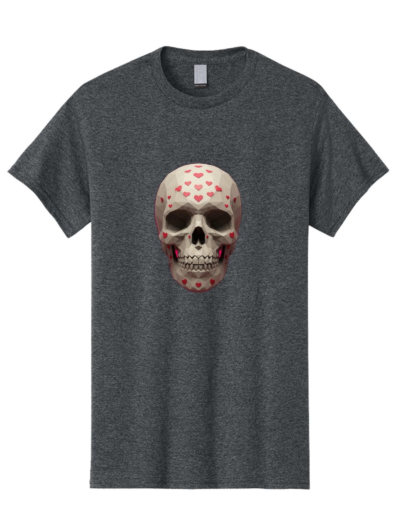 Low-Poly-Skull-With-Hearts Men'S Graphic Tee, 100% Cotton, Comfortable Casual Summer Wear, Machine Washable, Low Poly Skull, 3D Art, Heart Pattern, Red Hearts, Polygonal Design, Skull Art, Modern Art, Graphic Design, Digital Art Bad284 3