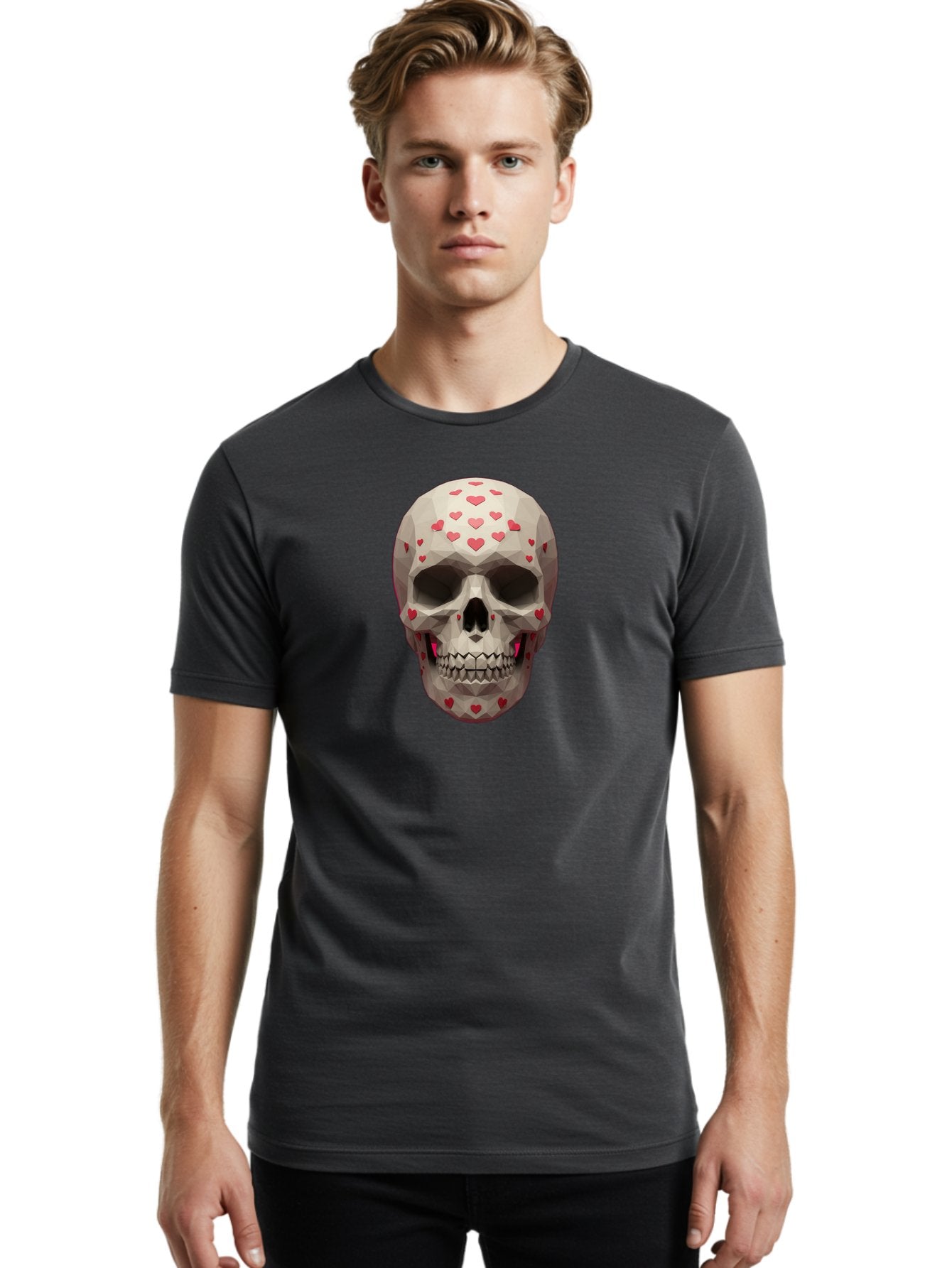 Low-Poly-Skull-With-Hearts Men'S Graphic Tee, 100% Cotton, Comfortable Casual Summer Wear, Machine Washable, Low Poly Skull, 3D Art, Heart Pattern, Red Hearts, Polygonal Design, Skull Art, Modern Art, Graphic Design, Digital Art Bad284 22