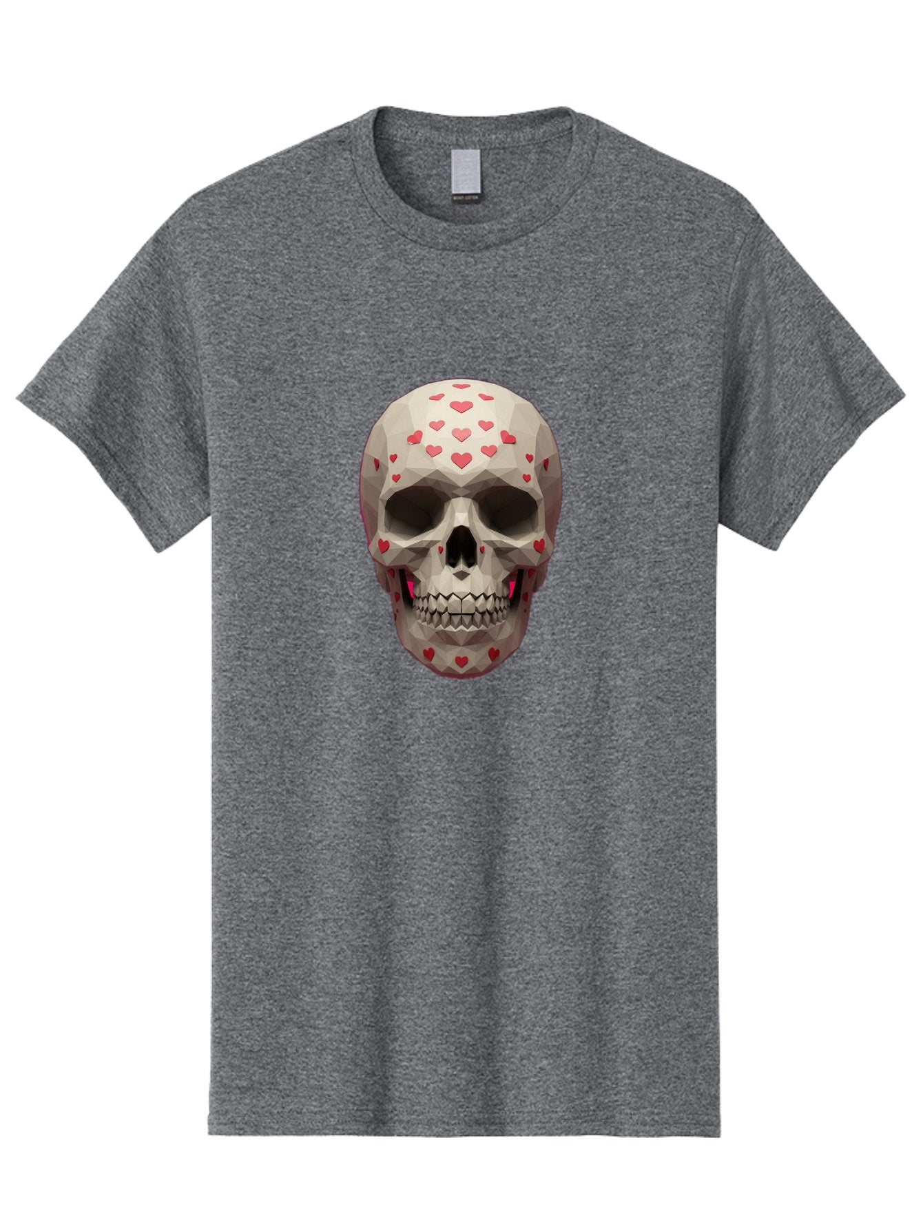 Low-Poly-Skull-With-Hearts Men'S Graphic Tee, 100% Cotton, Comfortable Casual Summer Wear, Machine Washable, Low Poly Skull, 3D Art, Heart Pattern, Red Hearts, Polygonal Design, Skull Art, Modern Art, Graphic Design, Digital Art Bad284
