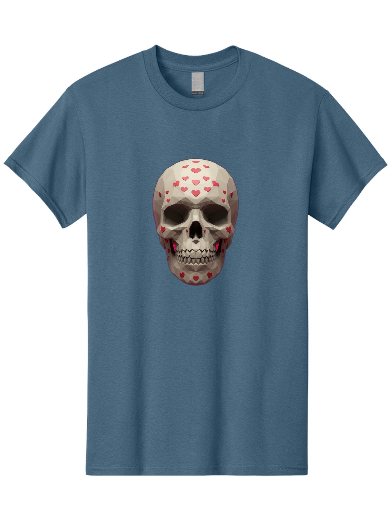 Low-Poly-Skull-With-Hearts Men'S Graphic Tee, 100% Cotton, Comfortable Casual Summer Wear, Machine Washable, Low Poly Skull, 3D Art, Heart Pattern, Red Hearts, Polygonal Design, Skull Art, Modern Art, Graphic Design, Digital Art Bad284 4