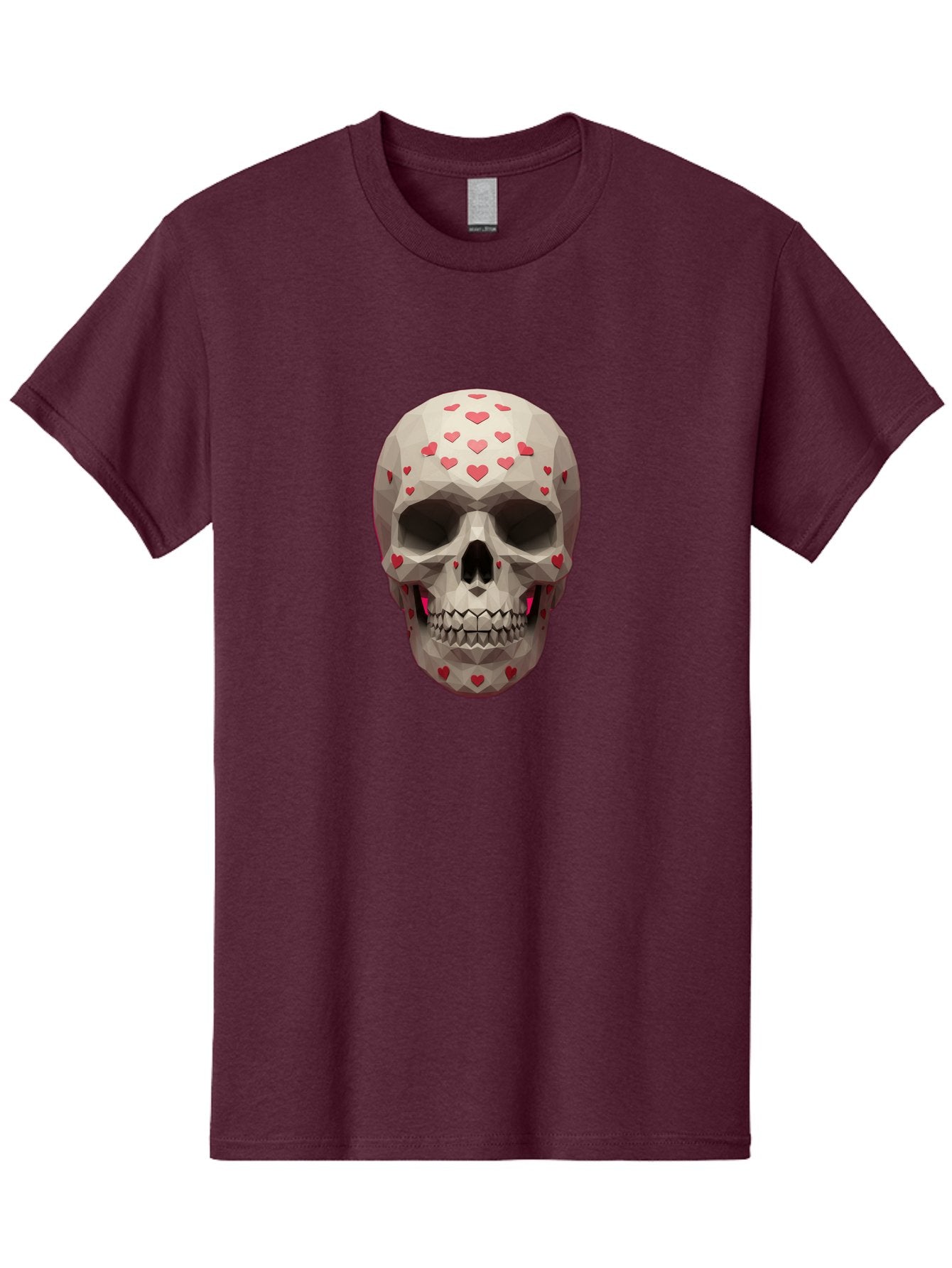 Low-Poly-Skull-With-Hearts Men'S Graphic Tee, 100% Cotton, Comfortable Casual Summer Wear, Machine Washable, Low Poly Skull, 3D Art, Heart Pattern, Red Hearts, Polygonal Design, Skull Art, Modern Art, Graphic Design, Digital Art Bad284 10