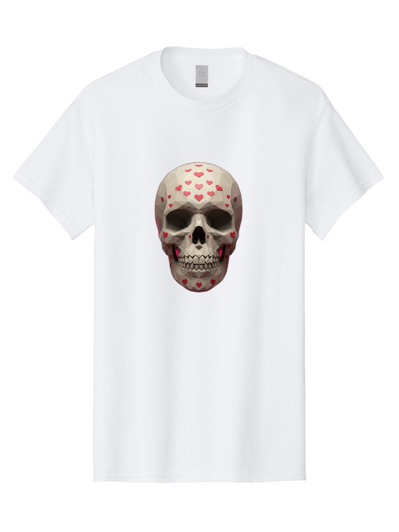 Low-Poly-Skull-With-Hearts Men'S Graphic Tee, 100% Cotton, Comfortable Casual Summer Wear, Machine Washable, Low Poly Skull, 3D Art, Heart Pattern, Red Hearts, Polygonal Design, Skull Art, Modern Art, Graphic Design, Digital Art Bad284 12