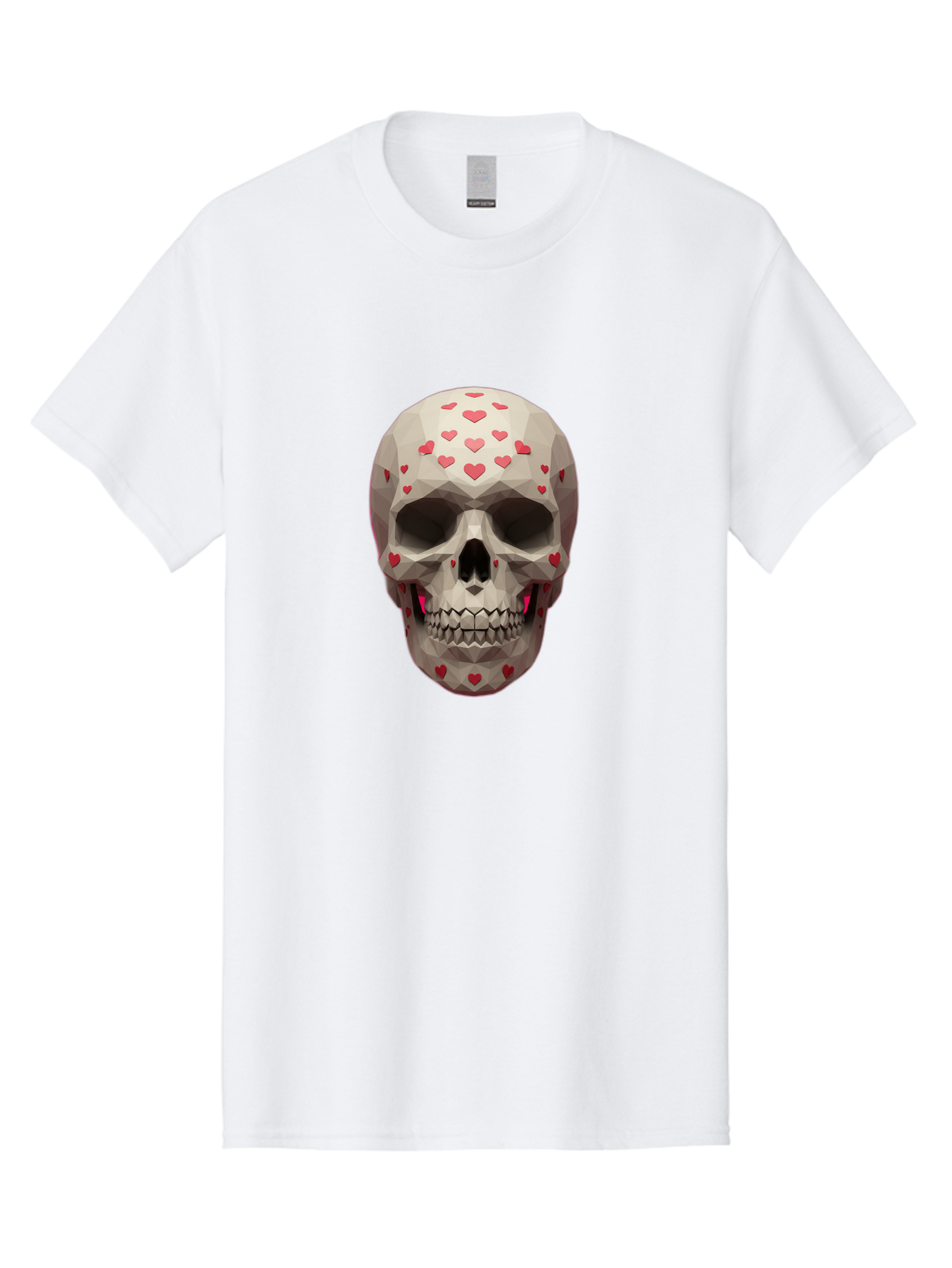 Low-Poly-Skull-With-Hearts Men'S Graphic Tee, 100% Cotton, Comfortable Casual Summer Wear, Machine Washable, Low Poly Skull, 3D Art, Heart Pattern, Red Hearts, Polygonal Design, Skull Art, Modern Art, Graphic Design, Digital Art Bad284 3