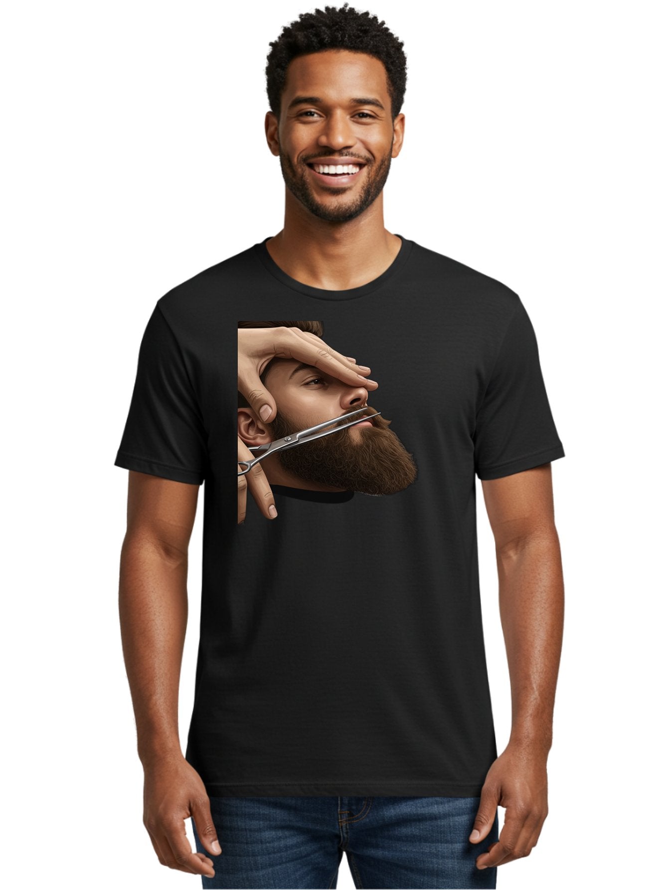 Man-Getting-Beard-Trimmed Men'S Graphic Tee, 100% Cotton, Comfortable Casual Summer Wear, Machine Washable, Beard Grooming, Beard Trimming, Barber Services, Men'S Grooming, Beard Care, Scissors Cutting Beard, Precise Cut, Stylish Beard Bad292 29