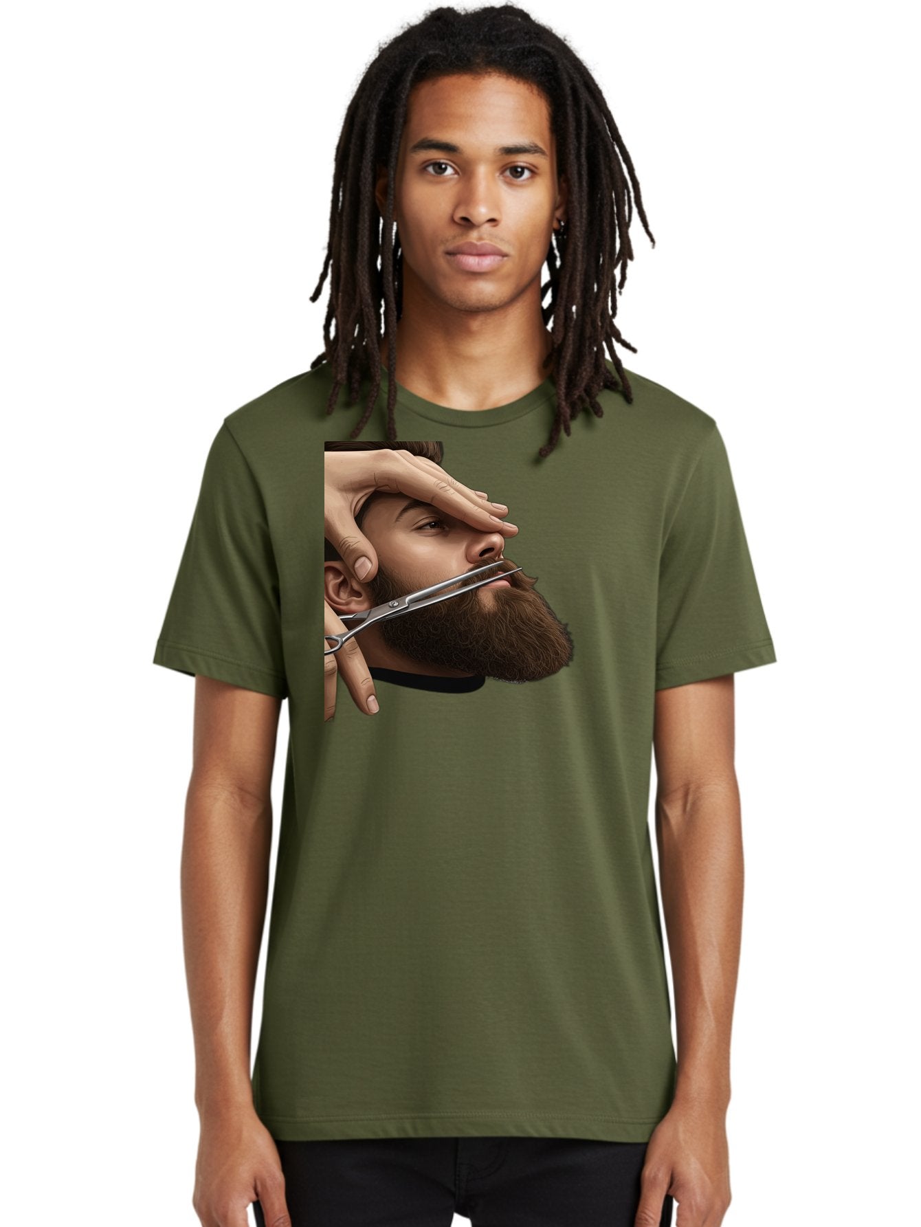 Man-Getting-Beard-Trimmed Men'S Graphic Tee, 100% Cotton, Comfortable Casual Summer Wear, Machine Washable, Beard Grooming, Beard Trimming, Barber Services, Men'S Grooming, Beard Care, Scissors Cutting Beard, Precise Cut, Stylish Beard Bad292 21