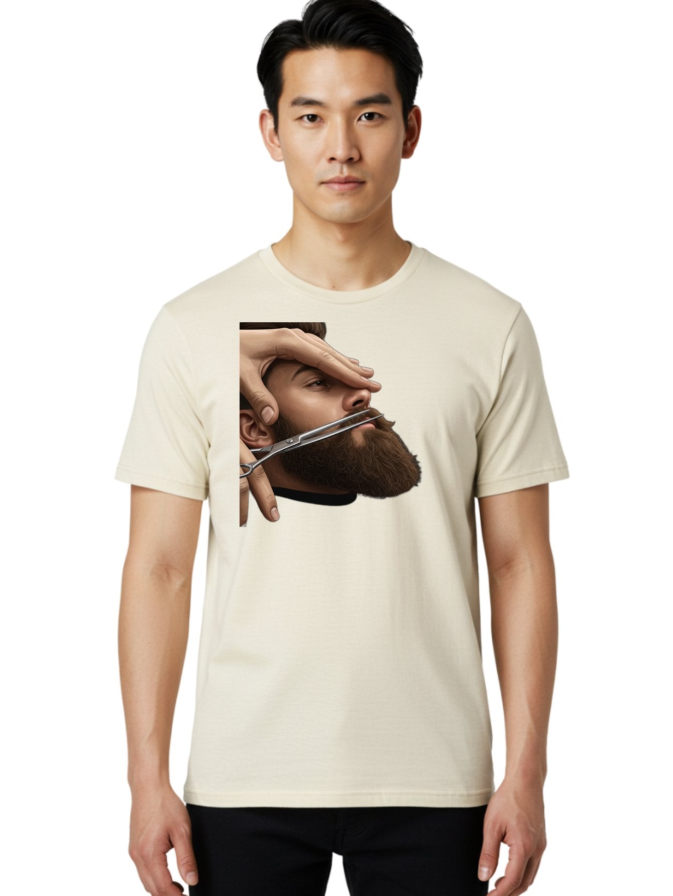 Man-Getting-Beard-Trimmed Men'S Graphic Tee, 100% Cotton, Comfortable Casual Summer Wear, Machine Washable, Beard Grooming, Beard Trimming, Barber Services, Men'S Grooming, Beard Care, Scissors Cutting Beard, Precise Cut, Stylish Beard Bad292 28