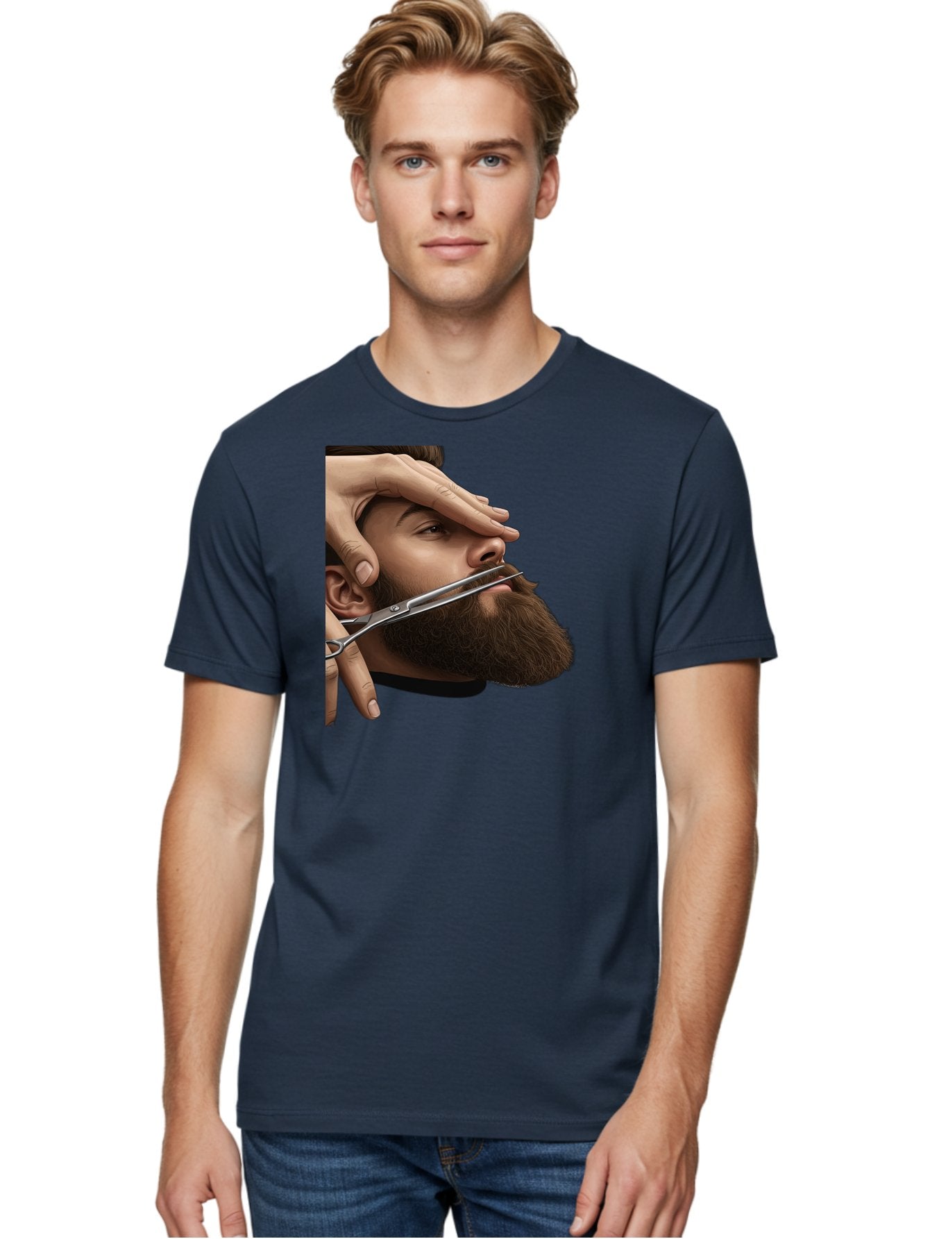 Man-Getting-Beard-Trimmed Men'S Graphic Tee, 100% Cotton, Comfortable Casual Summer Wear, Machine Washable, Beard Grooming, Beard Trimming, Barber Services, Men'S Grooming, Beard Care, Scissors Cutting Beard, Precise Cut, Stylish Beard Bad292 20