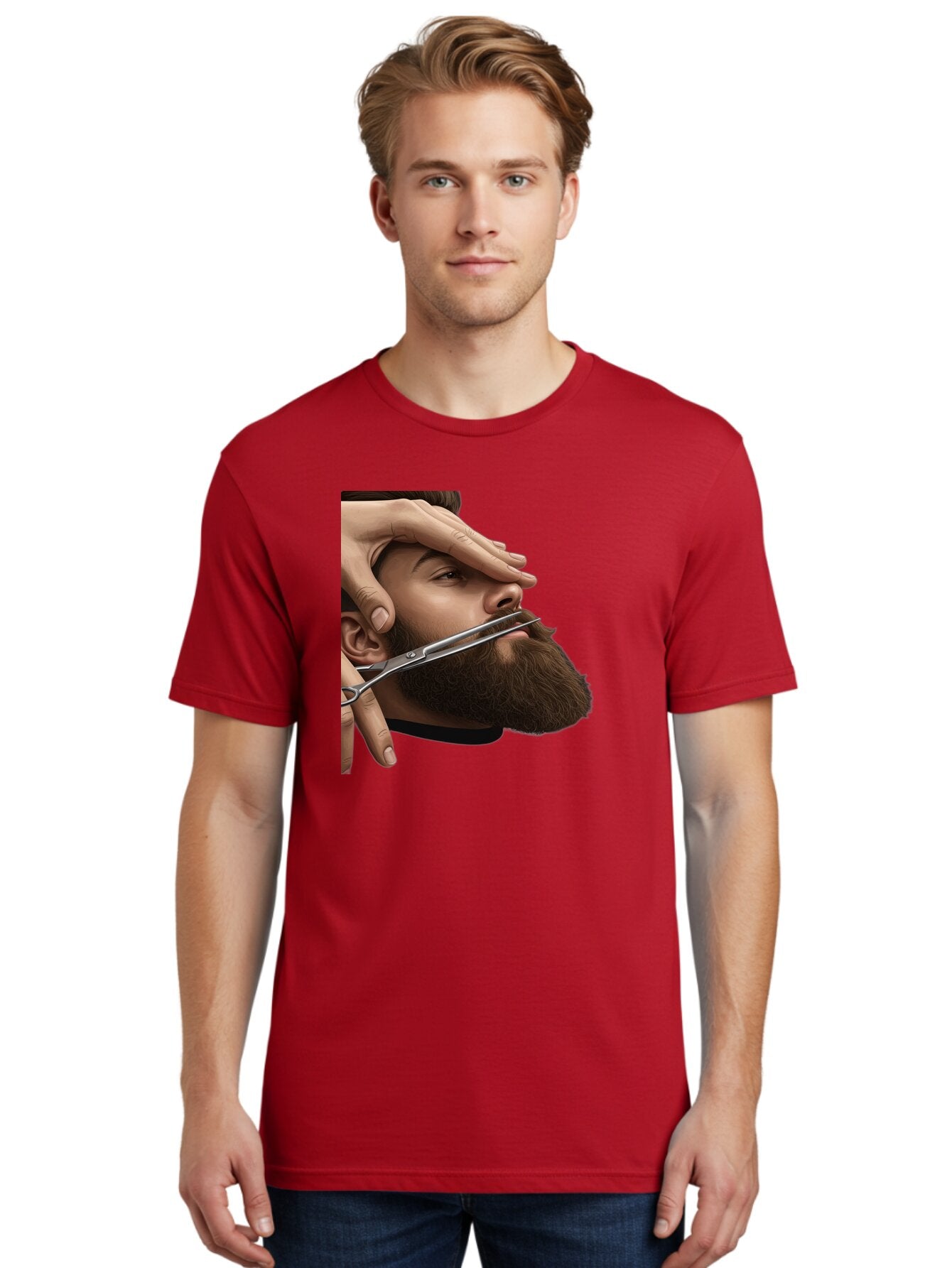 Man-Getting-Beard-Trimmed Men'S Graphic Tee, 100% Cotton, Comfortable Casual Summer Wear, Machine Washable, Beard Grooming, Beard Trimming, Barber Services, Men'S Grooming, Beard Care, Scissors Cutting Beard, Precise Cut, Stylish Beard Bad292 17