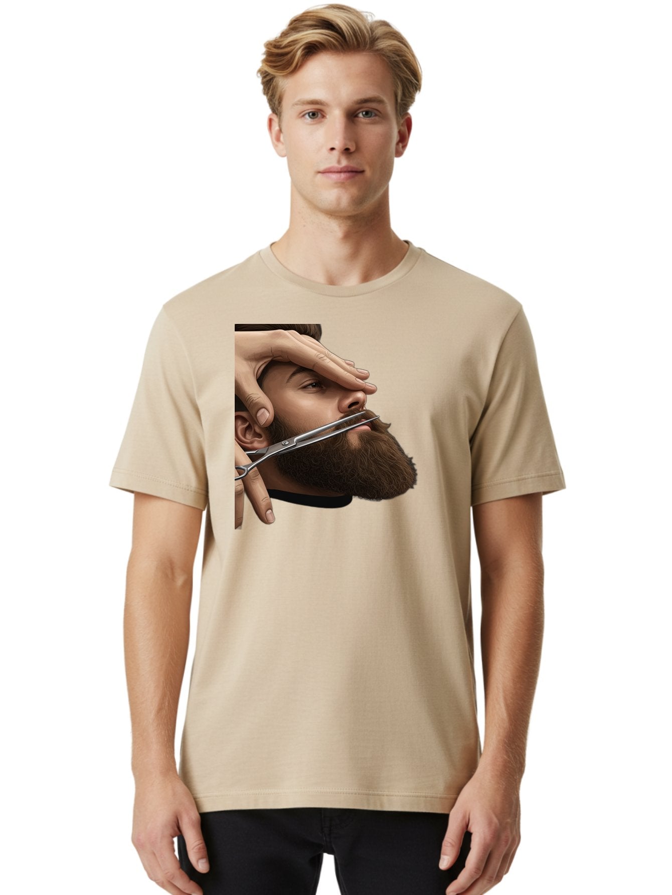 Man-Getting-Beard-Trimmed Men'S Graphic Tee, 100% Cotton, Comfortable Casual Summer Wear, Machine Washable, Beard Grooming, Beard Trimming, Barber Services, Men'S Grooming, Beard Care, Scissors Cutting Beard, Precise Cut, Stylish Beard Bad292 30