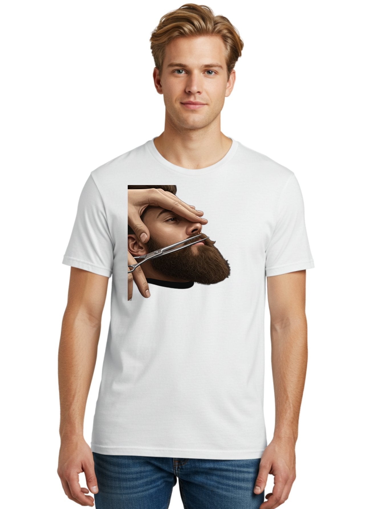 Man-Getting-Beard-Trimmed Men'S Graphic Tee, 100% Cotton, Comfortable Casual Summer Wear, Machine Washable, Beard Grooming, Beard Trimming, Barber Services, Men'S Grooming, Beard Care, Scissors Cutting Beard, Precise Cut, Stylish Beard Bad292 27
