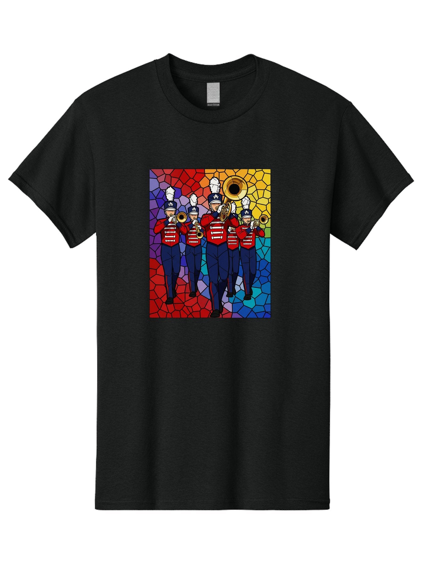 Marching-Band-1 Men'S Graphic Tee, 100% Cotton, Comfortable Casual Summer Wear, Machine Washable, Marching Band, Military Band, Musicians In Uniform, Playing Brass Instruments, Stained Glass Art, Vibrant Colors, Red And Blue Uniforms, Bad295 9